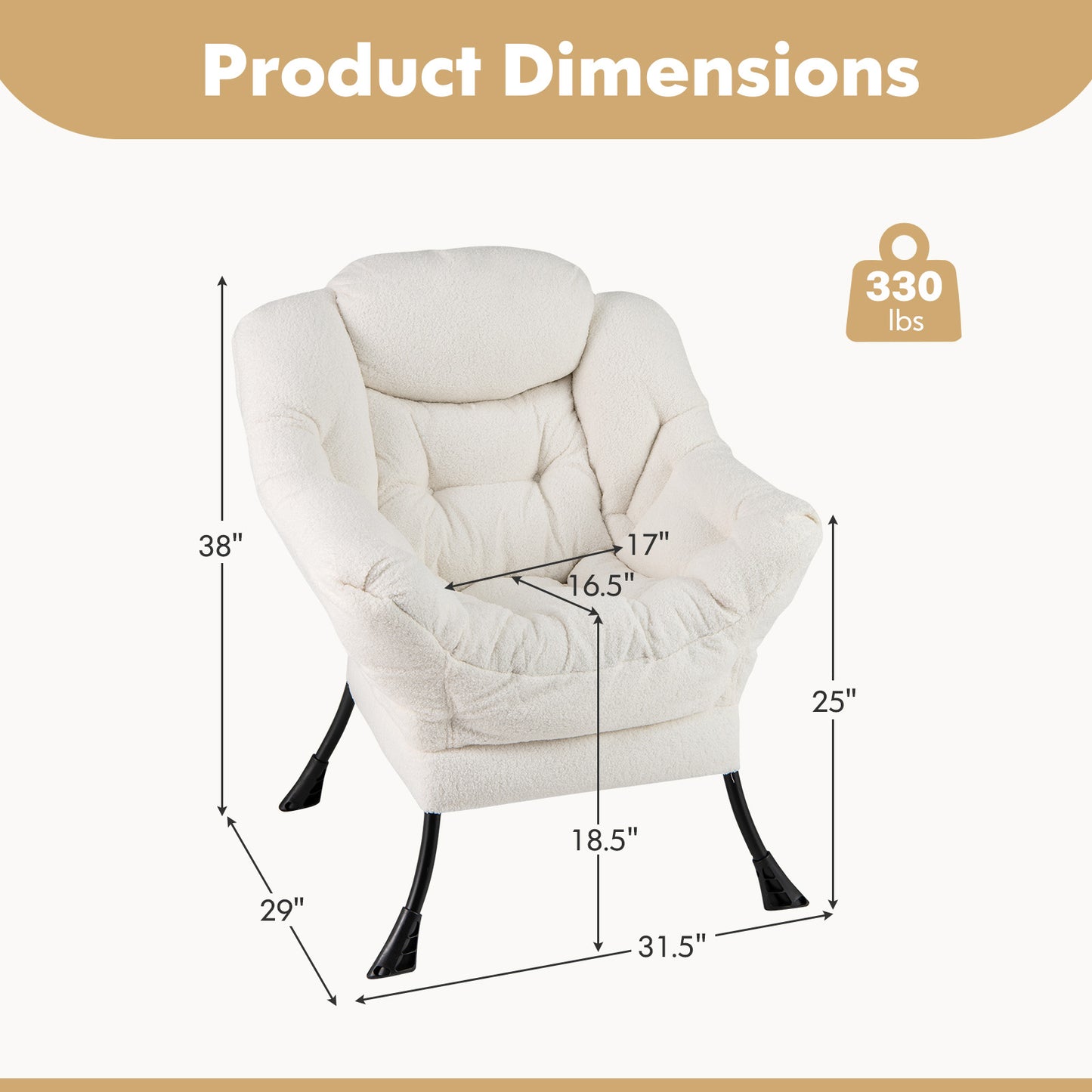 Ergonomic Sherpa Upholstered Accent Chair with Head Pillow and Side Pocket – Beige
