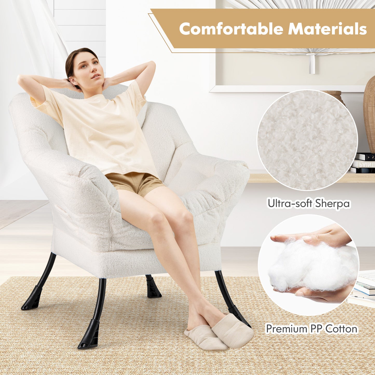 Ergonomic Sherpa Upholstered Accent Chair with Head Pillow and Side Pocket – Beige
