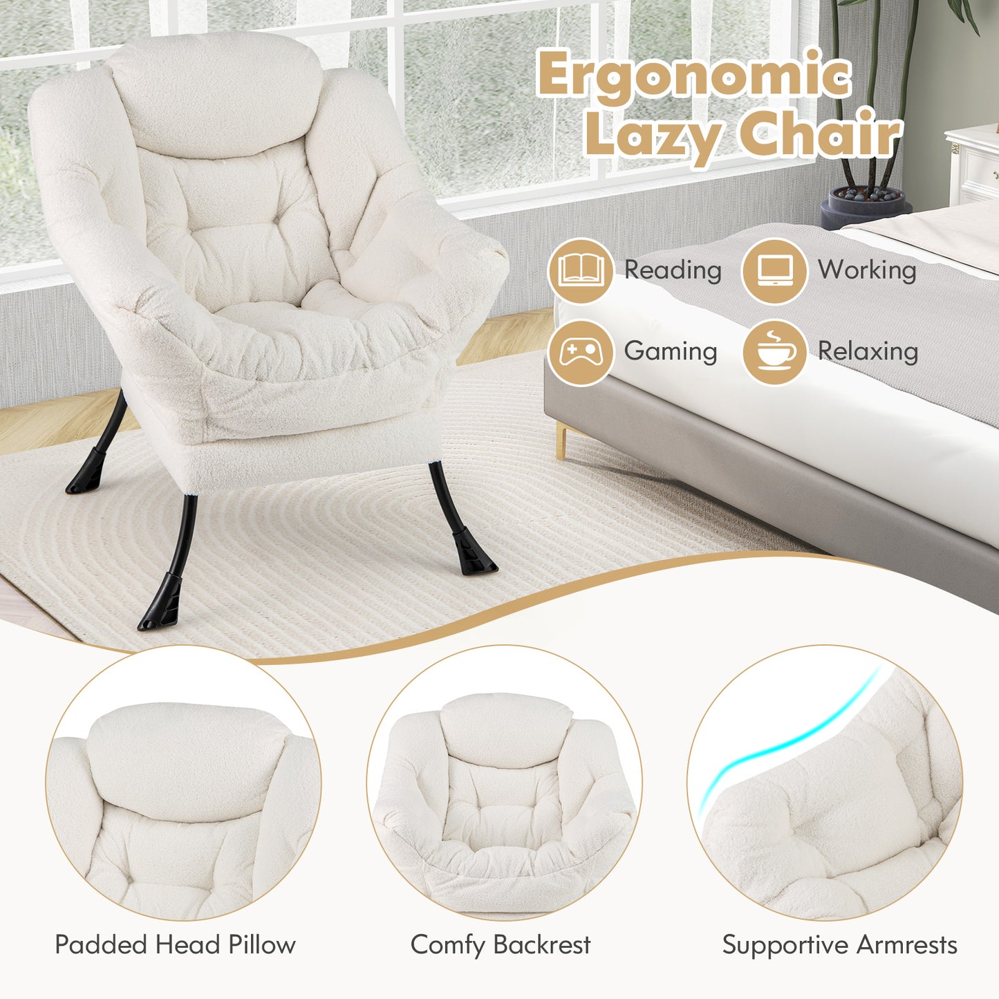 Ergonomic Sherpa Upholstered Accent Chair with Head Pillow and Side Pocket – Beige