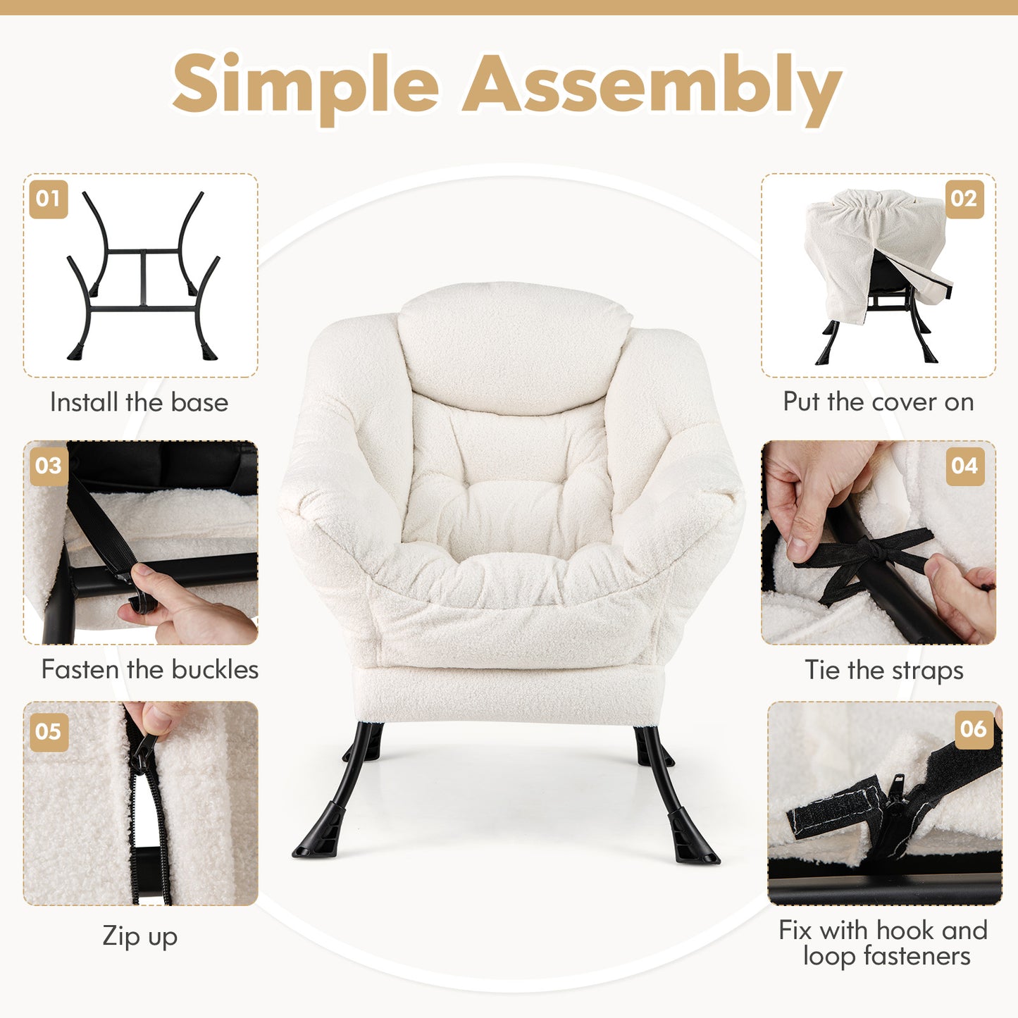Ergonomic Sherpa Upholstered Accent Chair with Head Pillow and Side Pocket – Beige