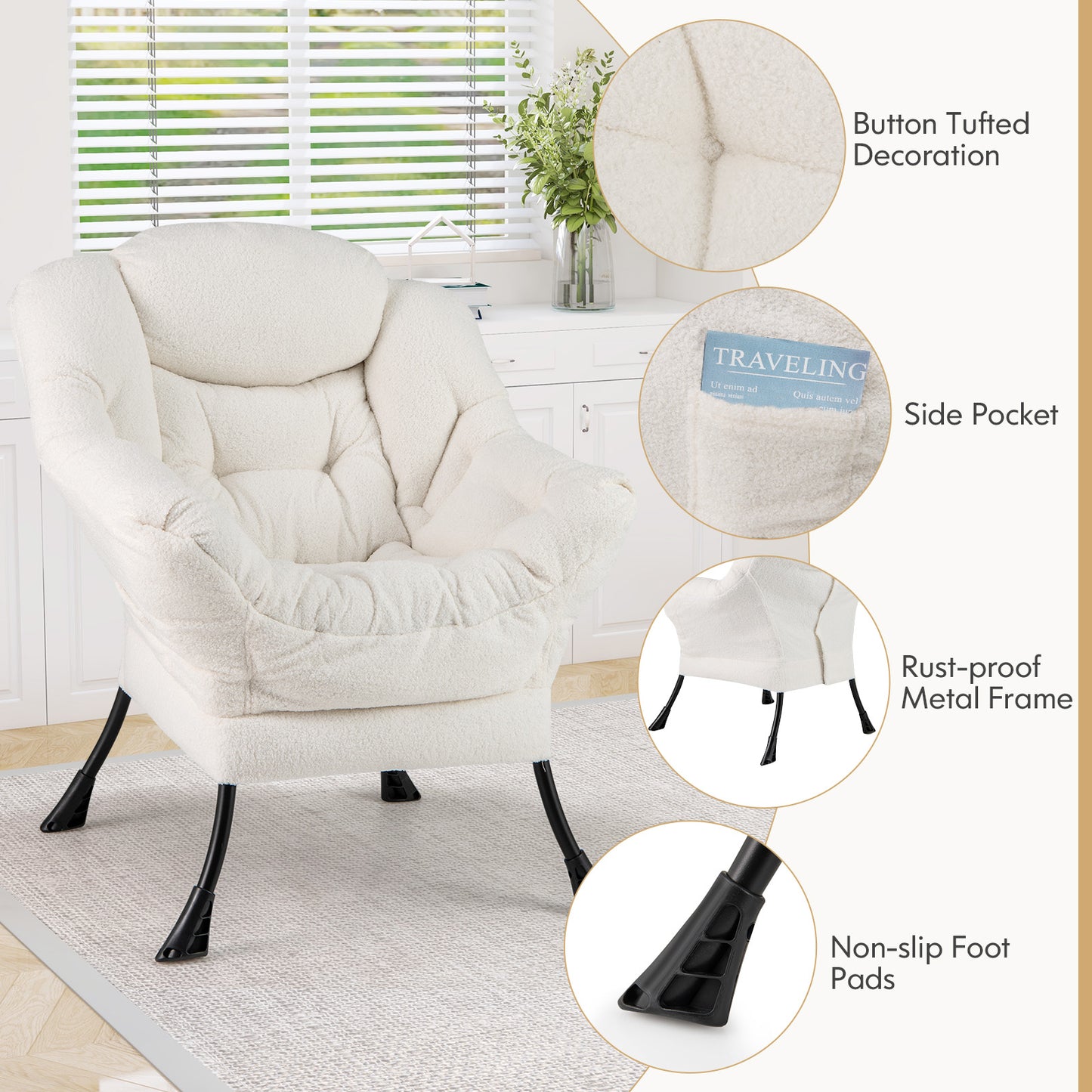 Ergonomic Sherpa Upholstered Accent Chair with Head Pillow and Side Pocket – Beige