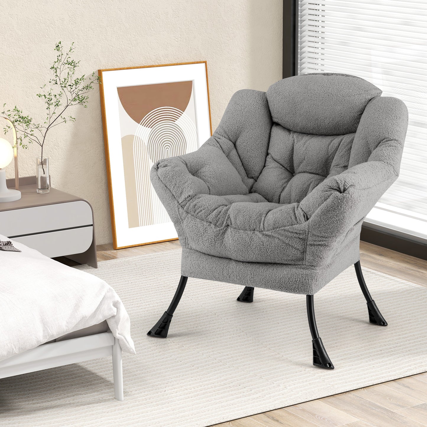 Ergonomic Sherpa Upholstered Accent Chair with Head Pillow and Side Pocket – Grey