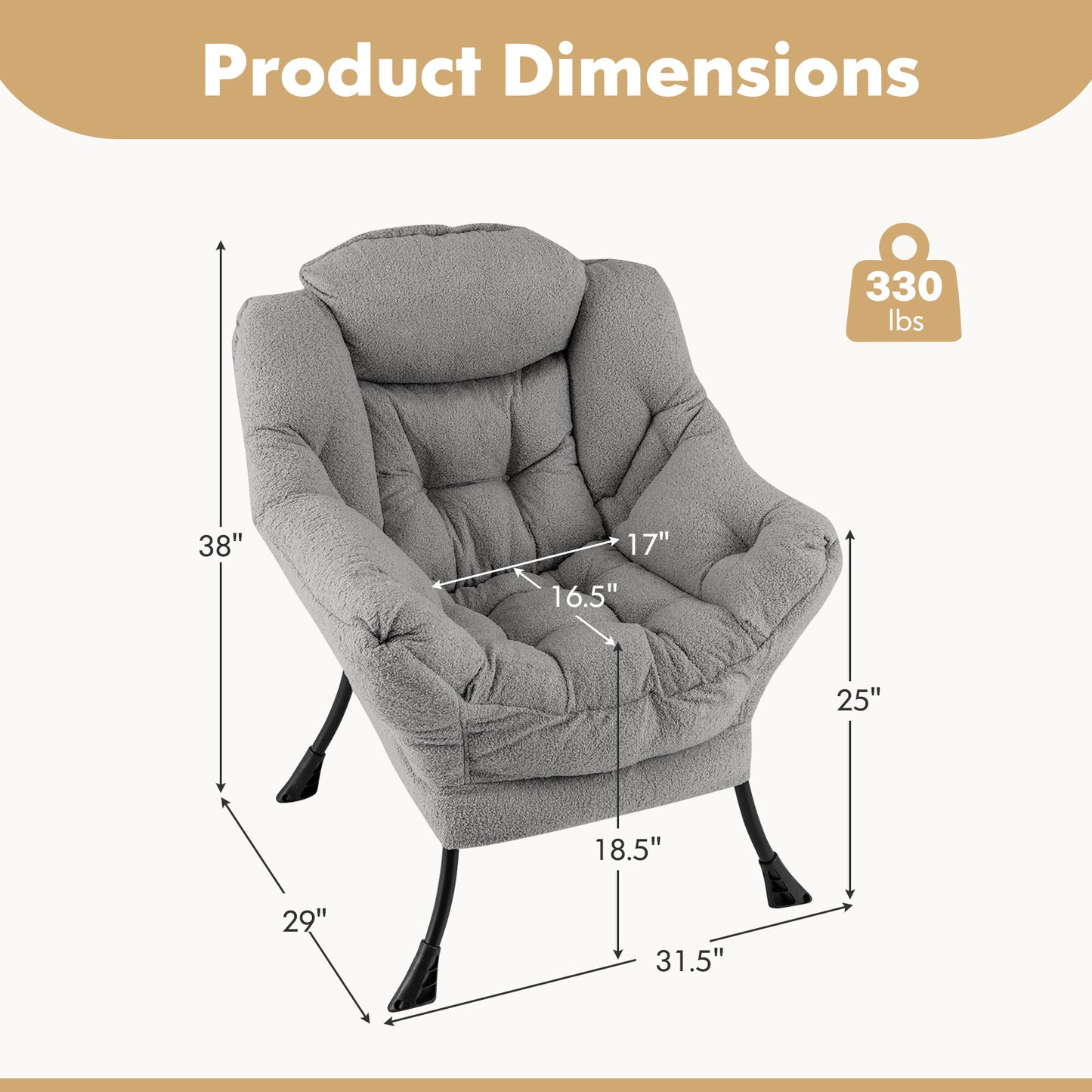Ergonomic Sherpa Upholstered Accent Chair with Head Pillow and Side Pocket – Grey
