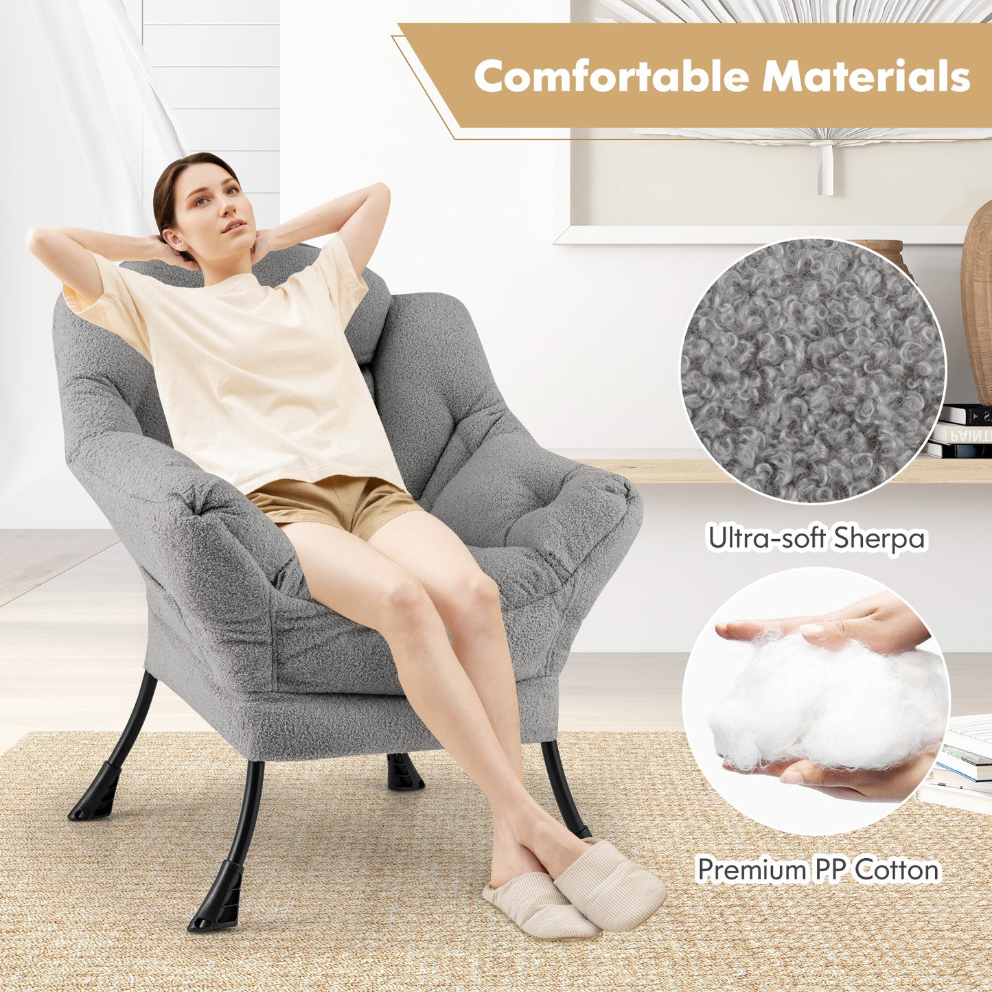 Ergonomic Sherpa Upholstered Accent Chair with Head Pillow and Side Pocket – Grey