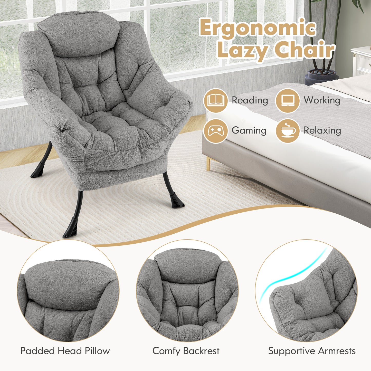 Ergonomic Sherpa Upholstered Accent Chair with Head Pillow and Side Pocket – Grey