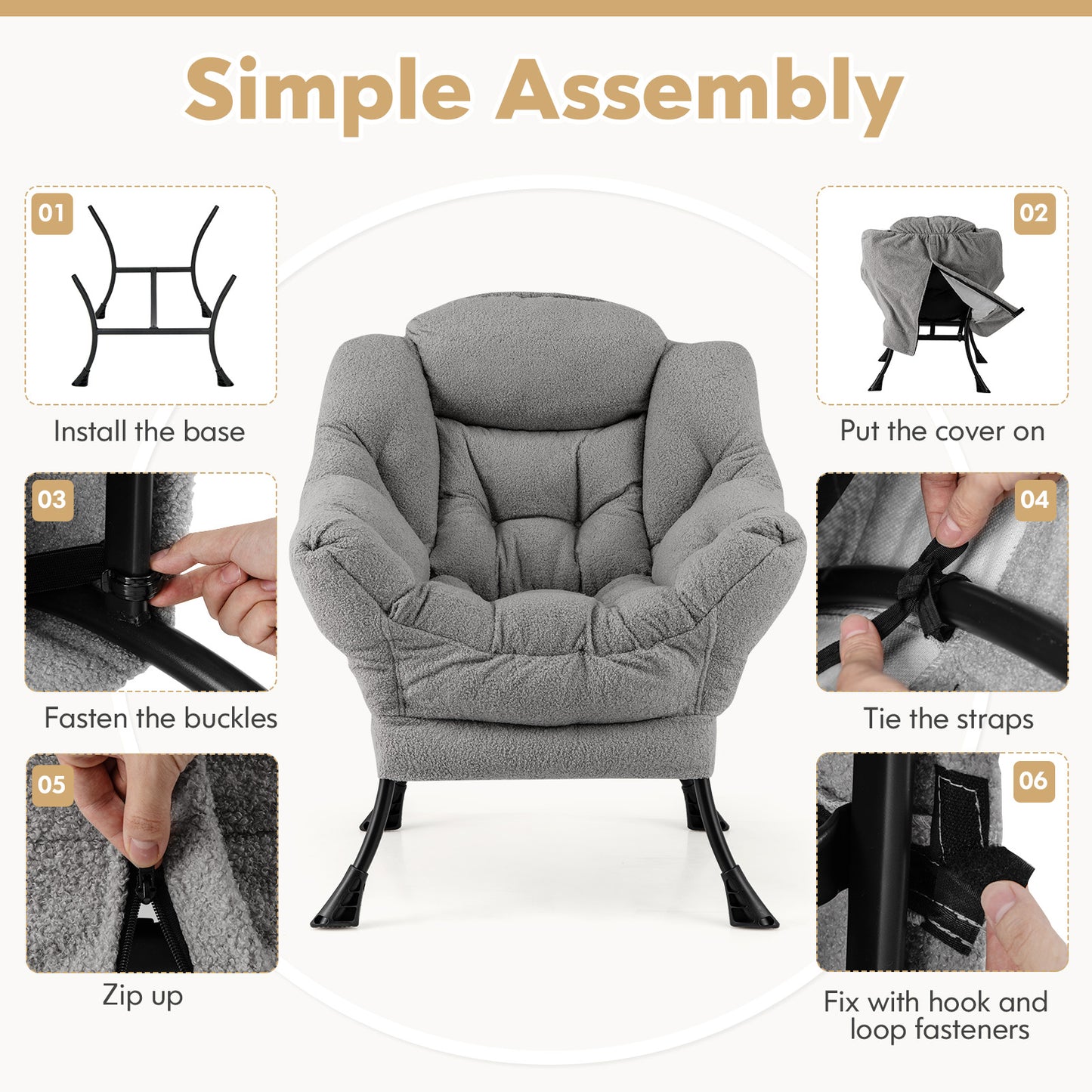 Ergonomic Sherpa Upholstered Accent Chair with Head Pillow and Side Pocket – Grey