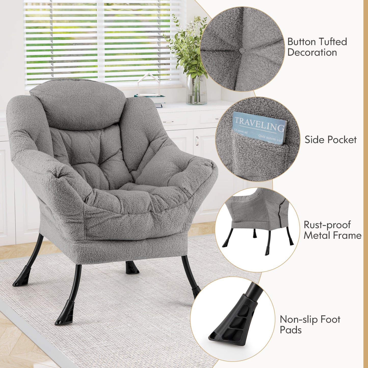 Ergonomic Sherpa Upholstered Accent Chair with Head Pillow and Side Pocket – Grey