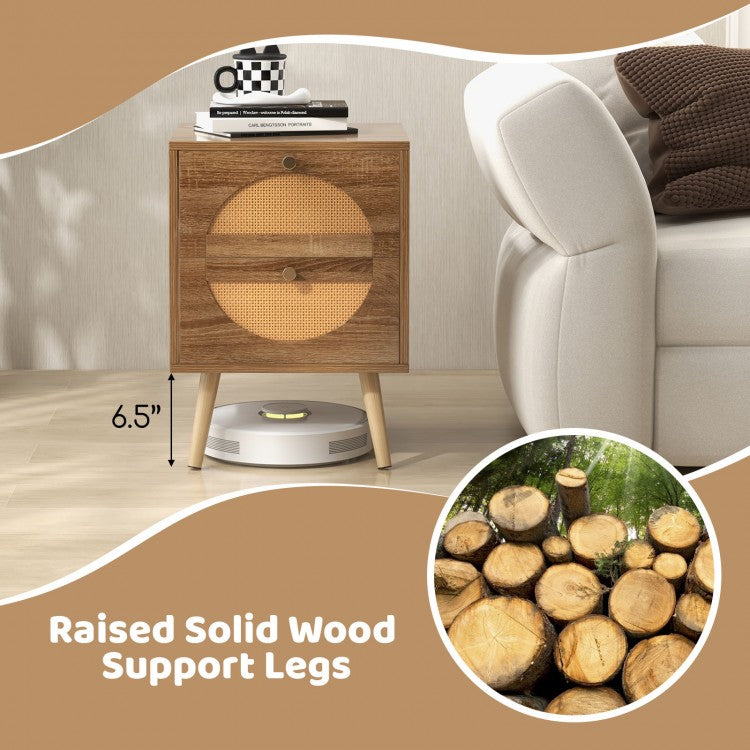 Set of 2 Rattan Nightstands with Drawers and Solid Wood Legs, Boho Style
