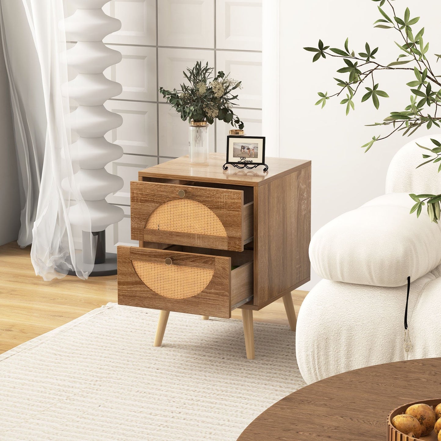 Set of 2 Rattan Nightstands with Drawers and Solid Wood Legs, Boho Style
