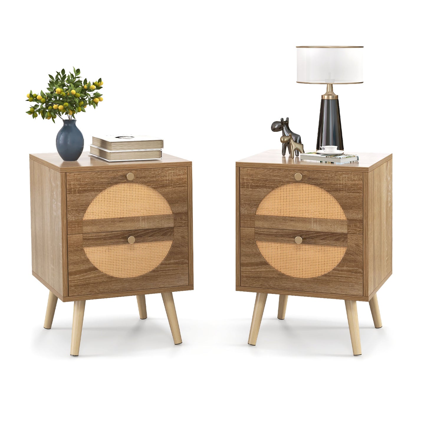 Set of 2 Rattan Nightstands with Drawers and Solid Wood Legs, Boho Style