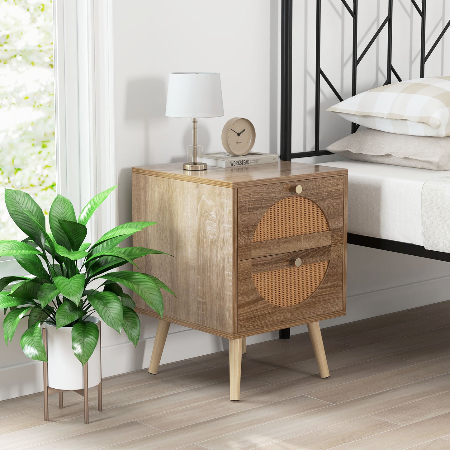 Set of 2 Rattan Nightstands with Drawers and Solid Wood Legs, Boho Style