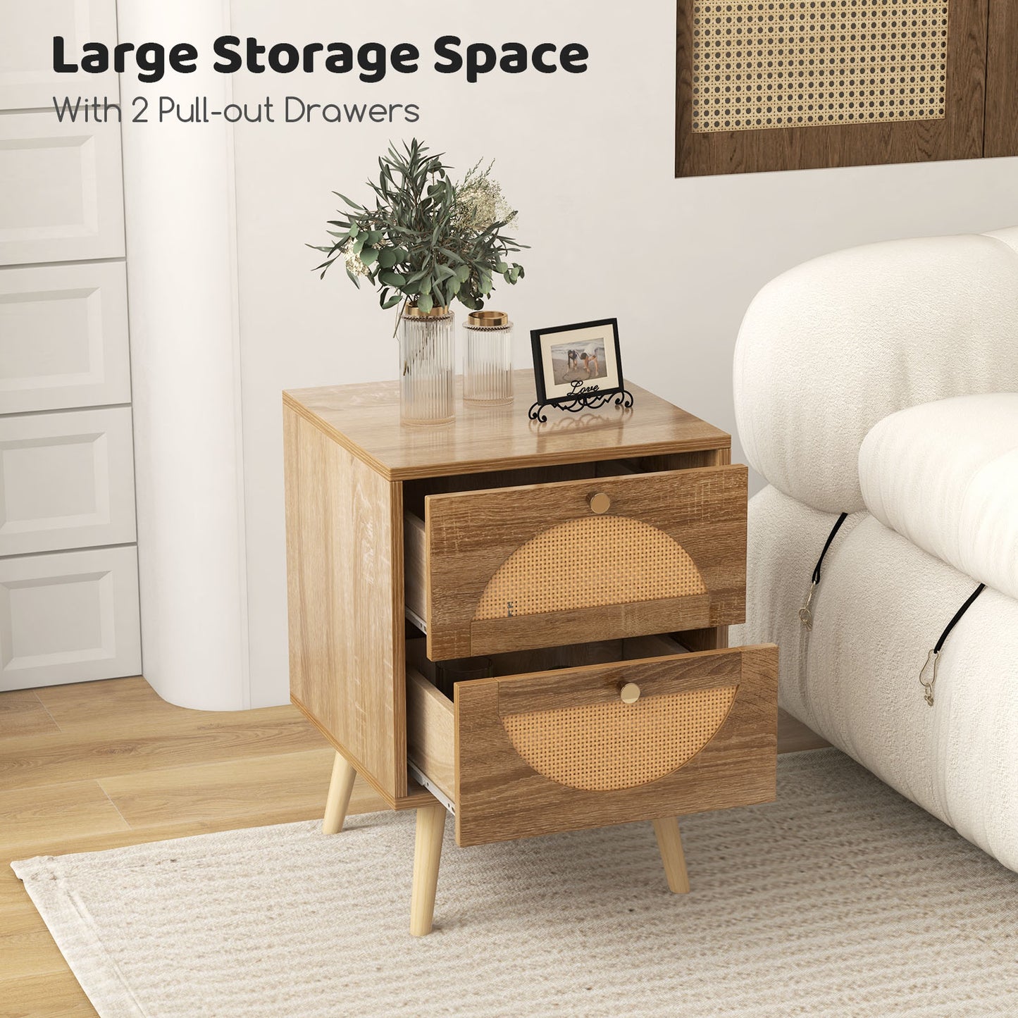 Set of 2 Rattan Nightstands with Drawers and Solid Wood Legs, Boho Style