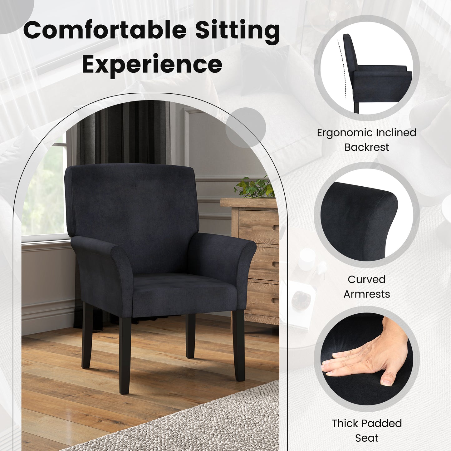 Modern Upholstered Guest Armchair with Curved Back and Solid Rubber Wood Legs in Black