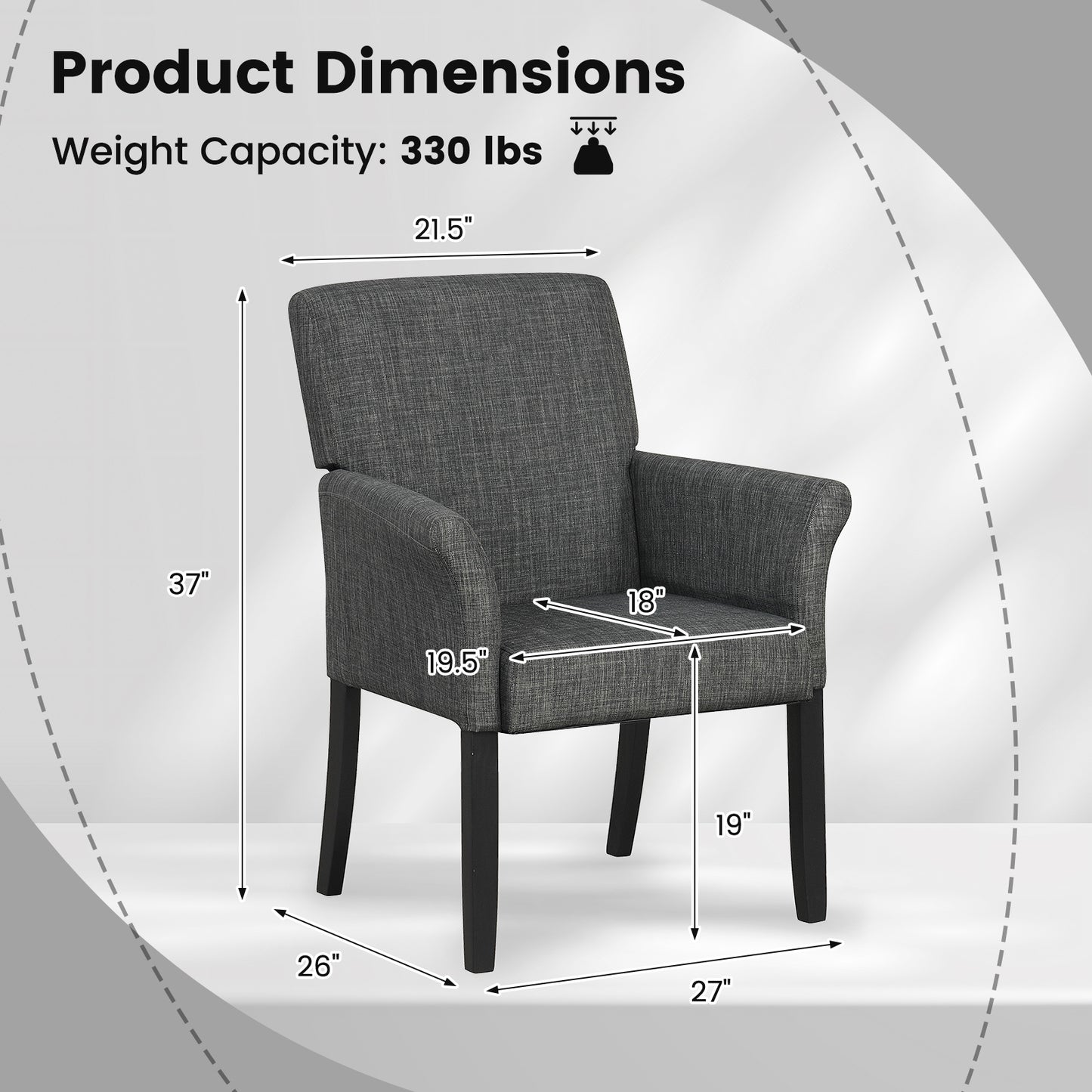 Modern Upholstered Guest Armchair with Curved Back and Solid Rubber Wood Legs in Grey