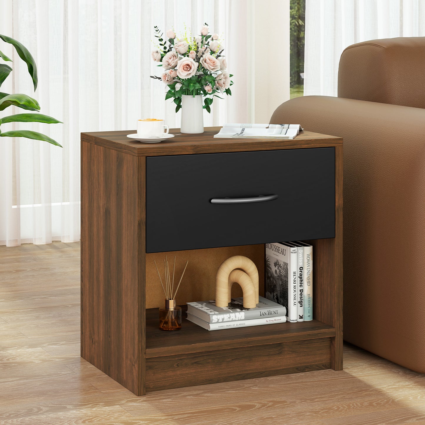 Nightstand with Drawer and Open Shelf for Bedroom or Living Room - Brown