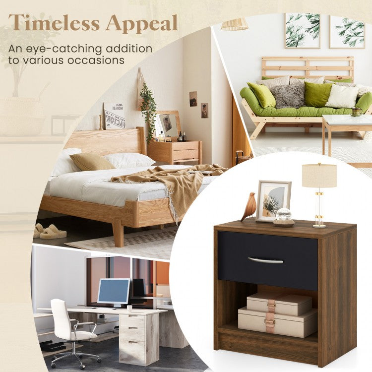 Nightstand with Drawer and Open Shelf for Bedroom or Living Room - Brown