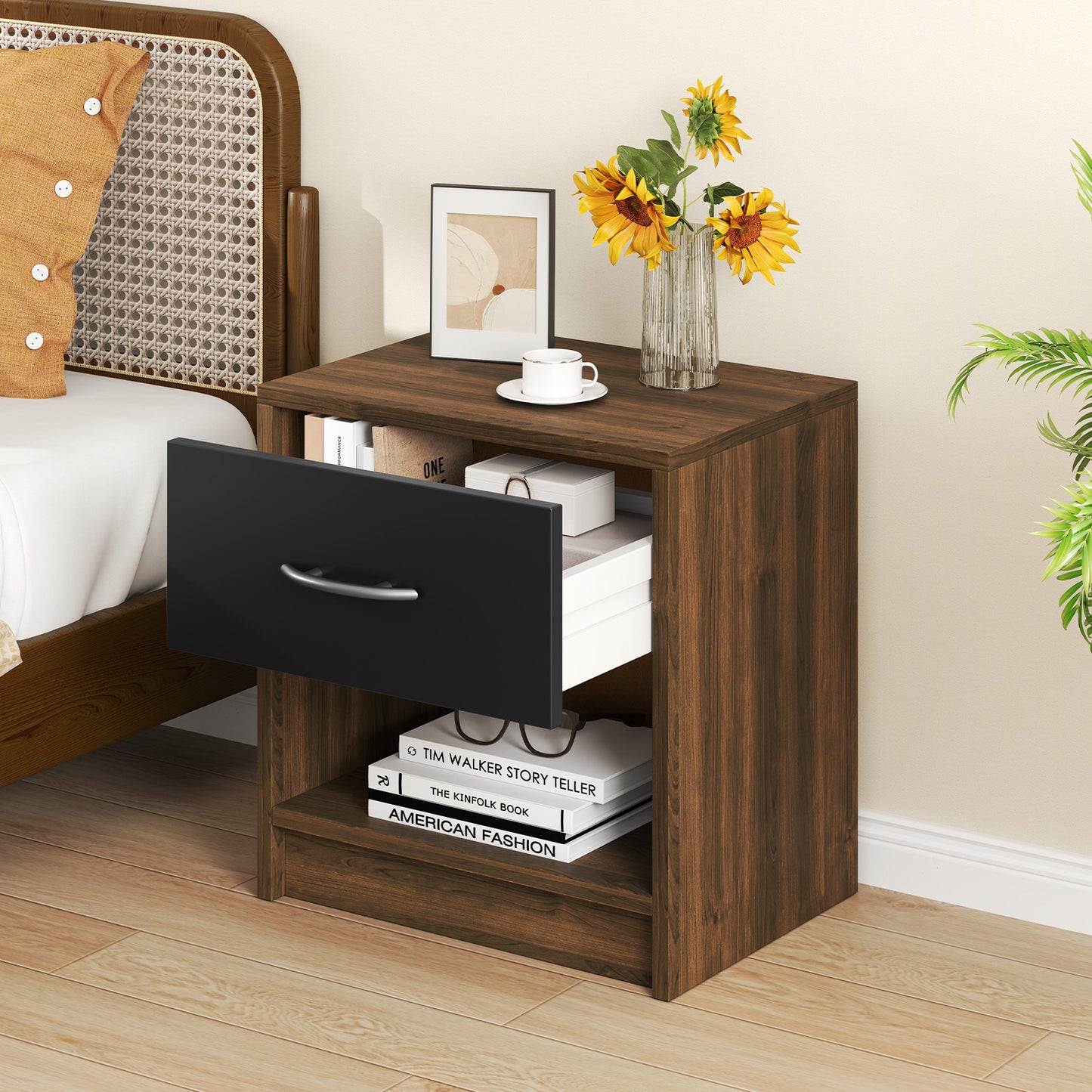 Nightstand with Drawer and Open Shelf for Bedroom or Living Room - Brown