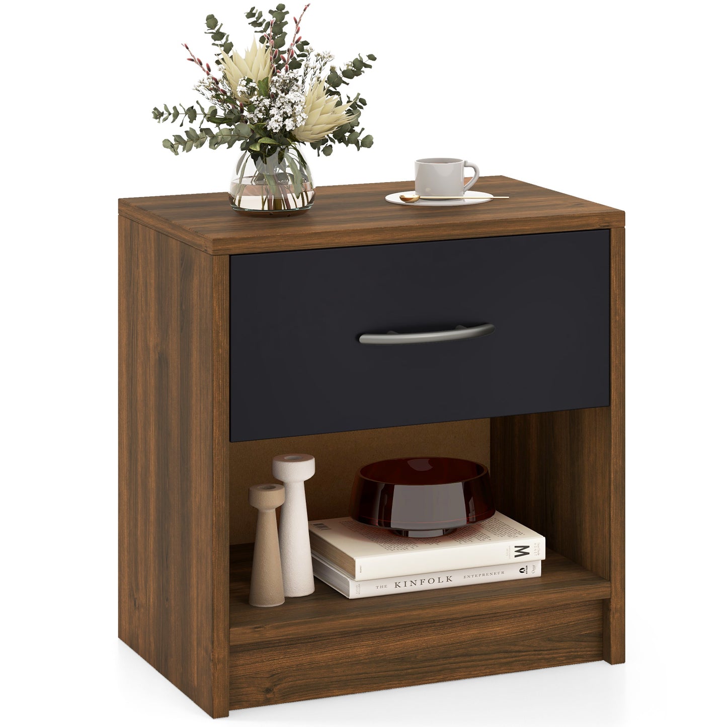 Nightstand with Drawer and Open Shelf for Bedroom or Living Room - Brown