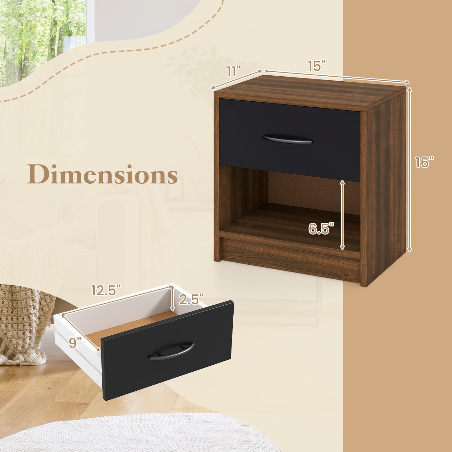Nightstand with Drawer and Open Shelf for Bedroom or Living Room - Brown