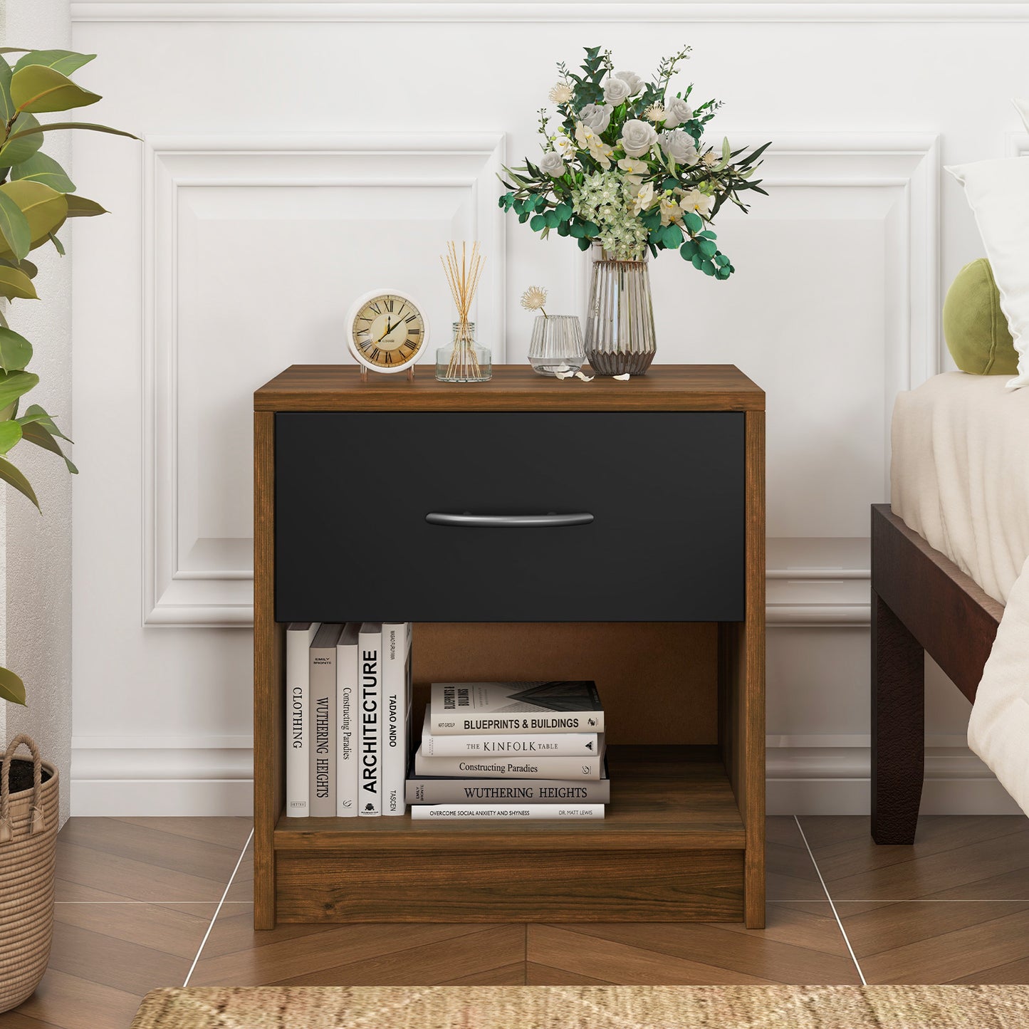 Nightstand with Drawer and Open Shelf for Bedroom or Living Room - Brown