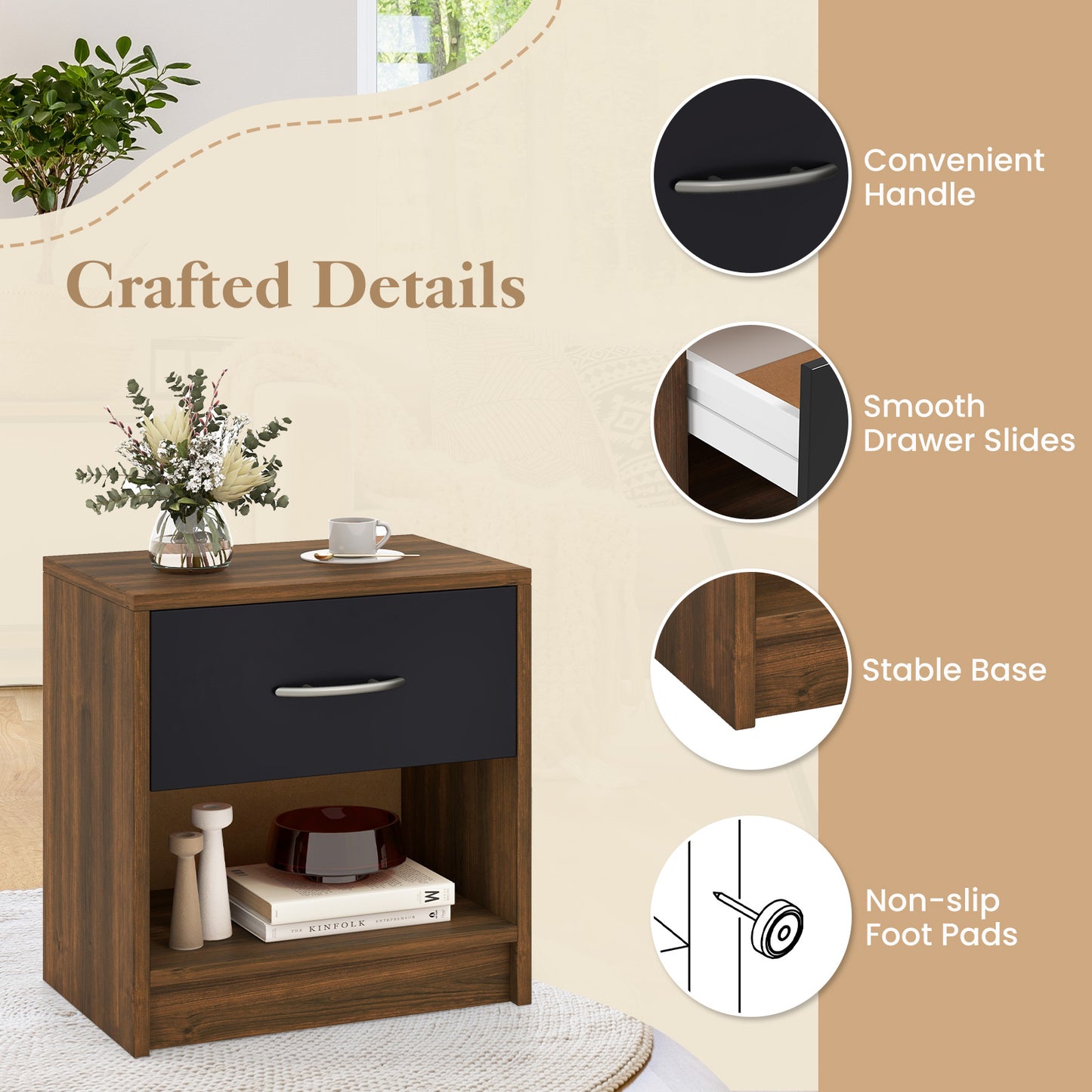 Nightstand with Drawer and Open Shelf for Bedroom or Living Room - Brown