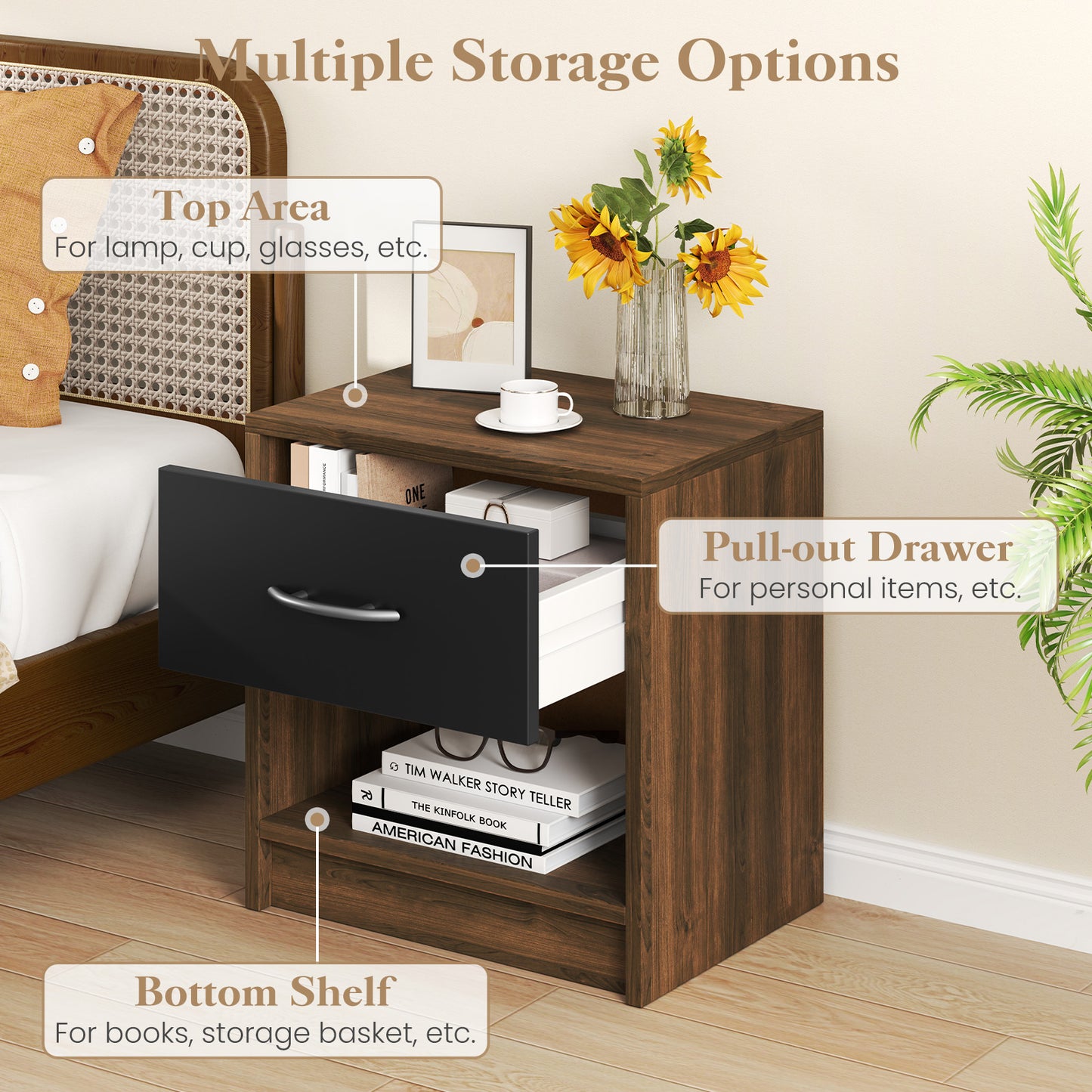 Nightstand with Drawer and Open Shelf for Bedroom or Living Room - Brown