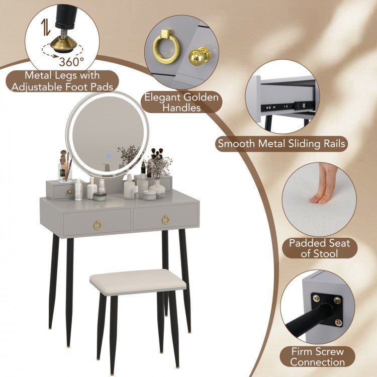 Modern Vanity Table Set with LED Mirror and Storage – Grey