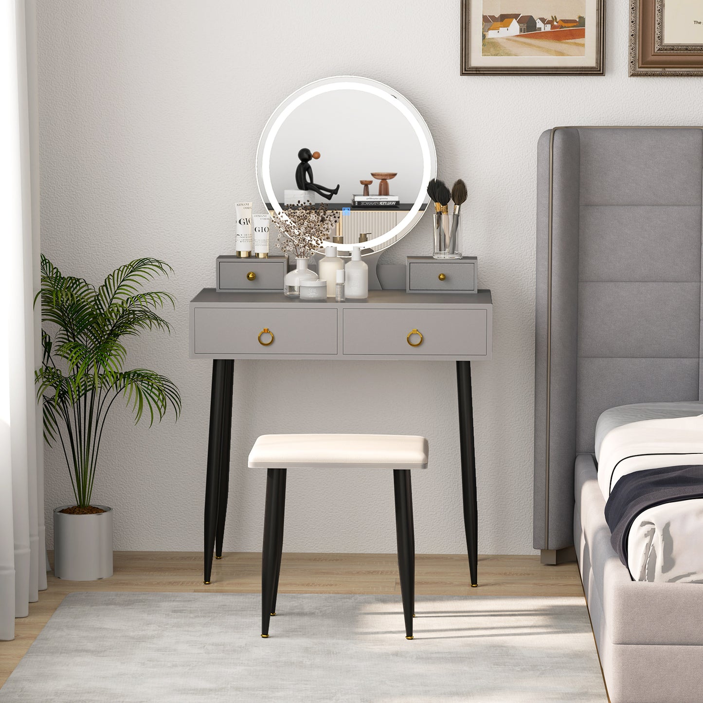 Modern Vanity Table Set with LED Mirror and Storage – Grey