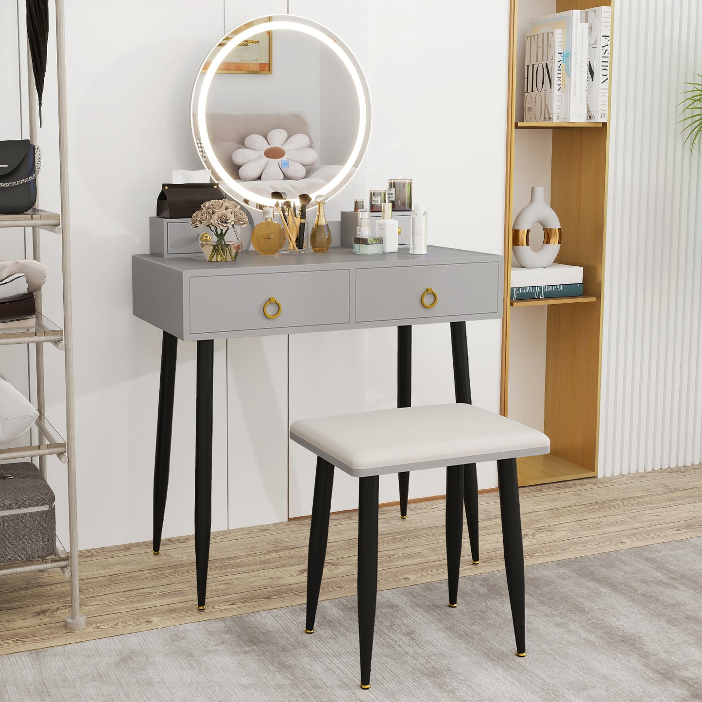 Modern Vanity Table Set with LED Mirror and Storage – Grey