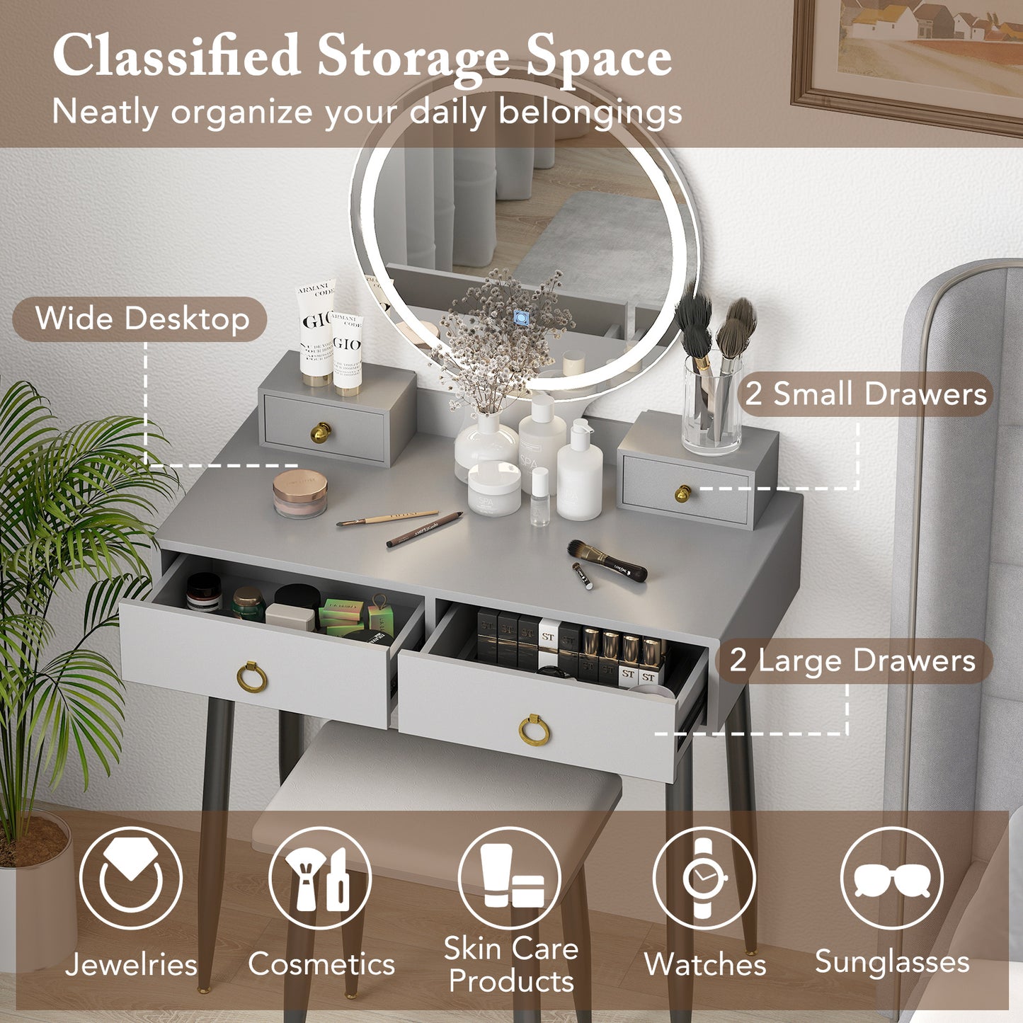 Modern Vanity Table Set with LED Mirror and Storage – Grey