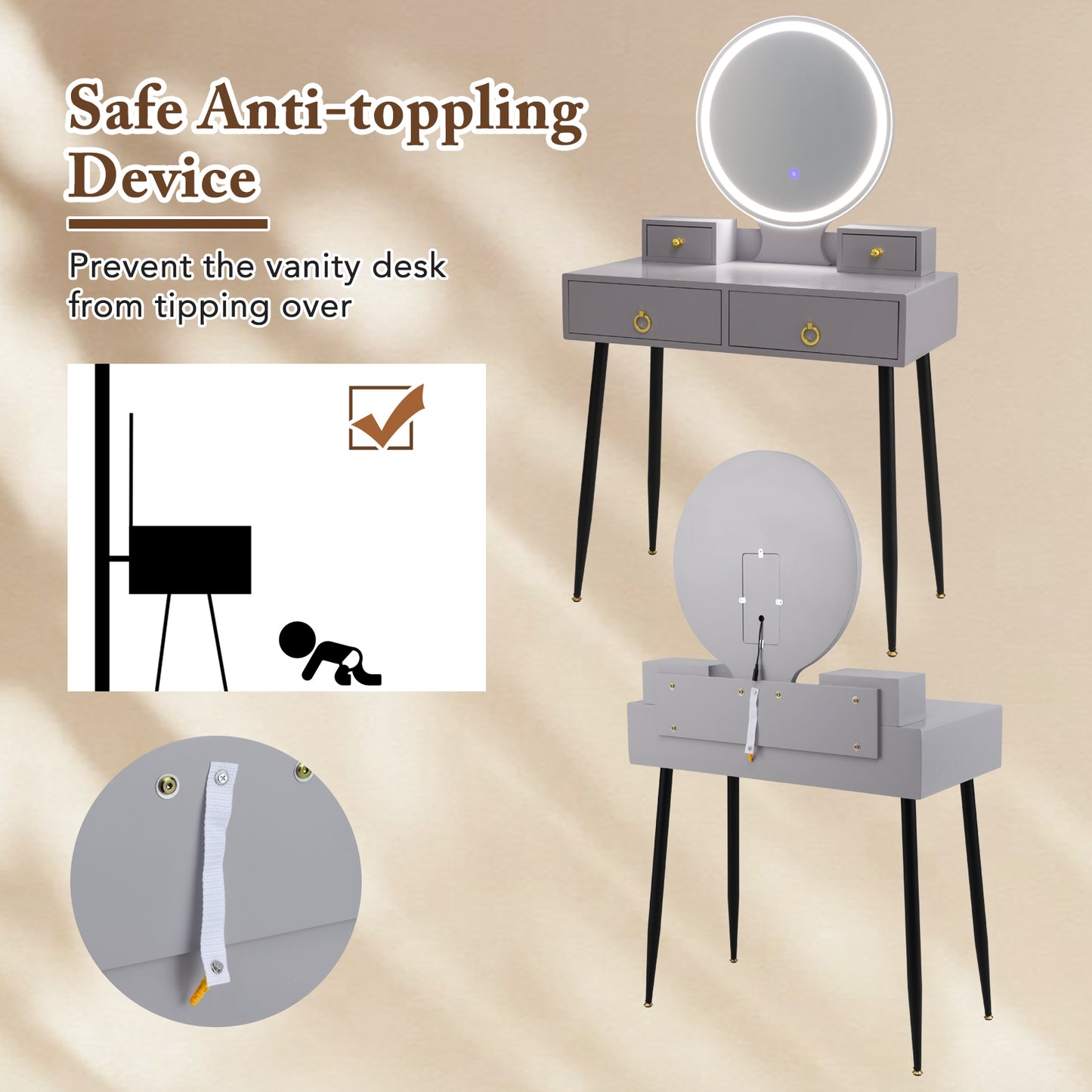 Modern Vanity Table Set with LED Mirror and Storage – Grey