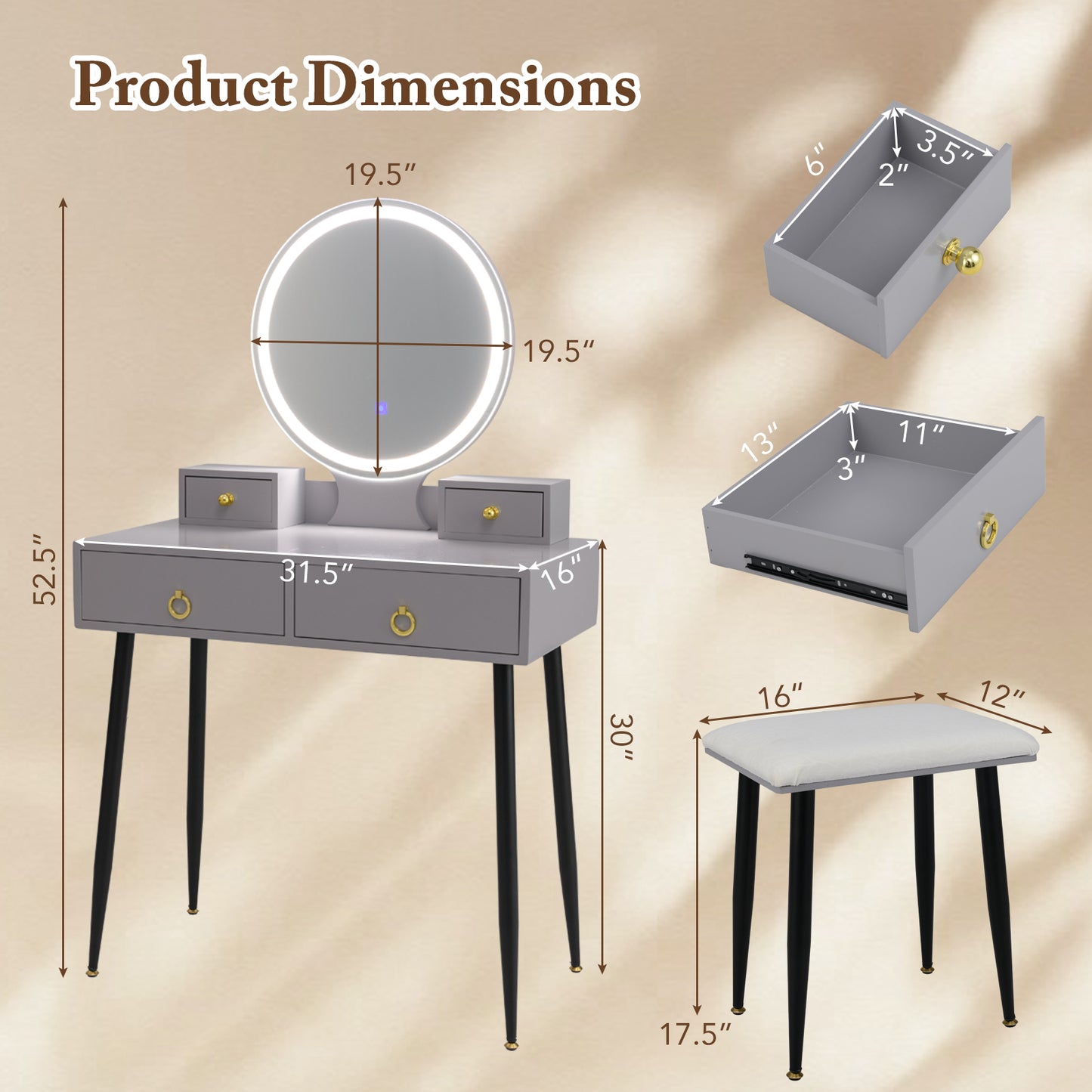 Modern Vanity Table Set with LED Mirror and Storage – Grey
