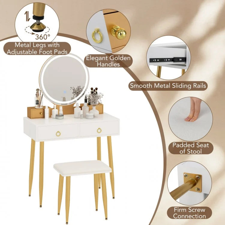 Modern Vanity Table Set with LED Mirror and Storage – White