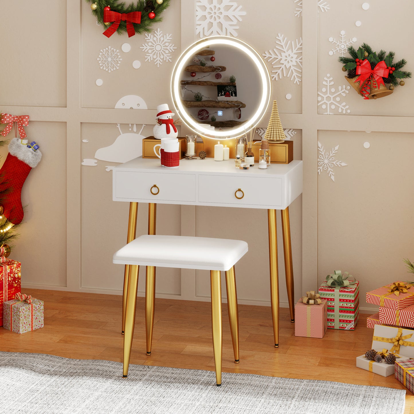 Modern Vanity Table Set with LED Mirror and Storage – White