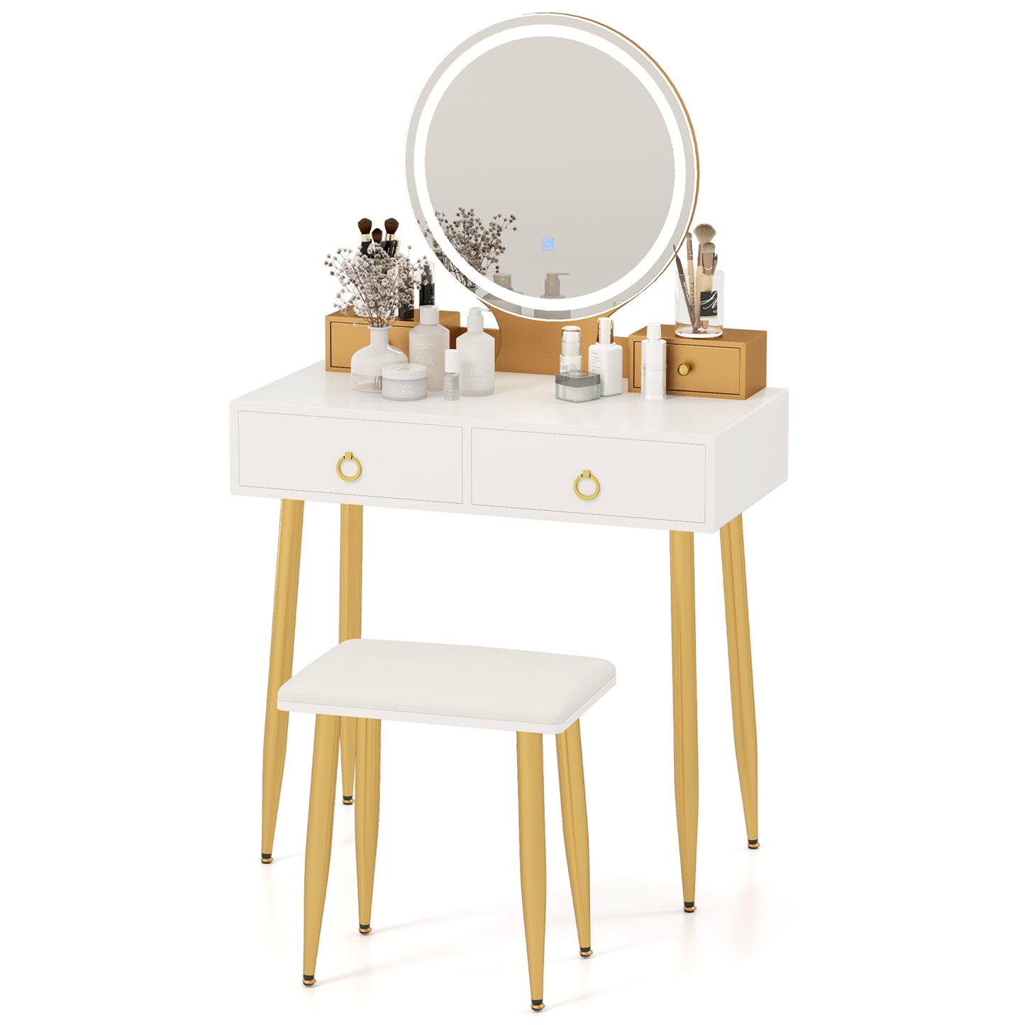 Modern Vanity Table Set with LED Mirror and Storage – White