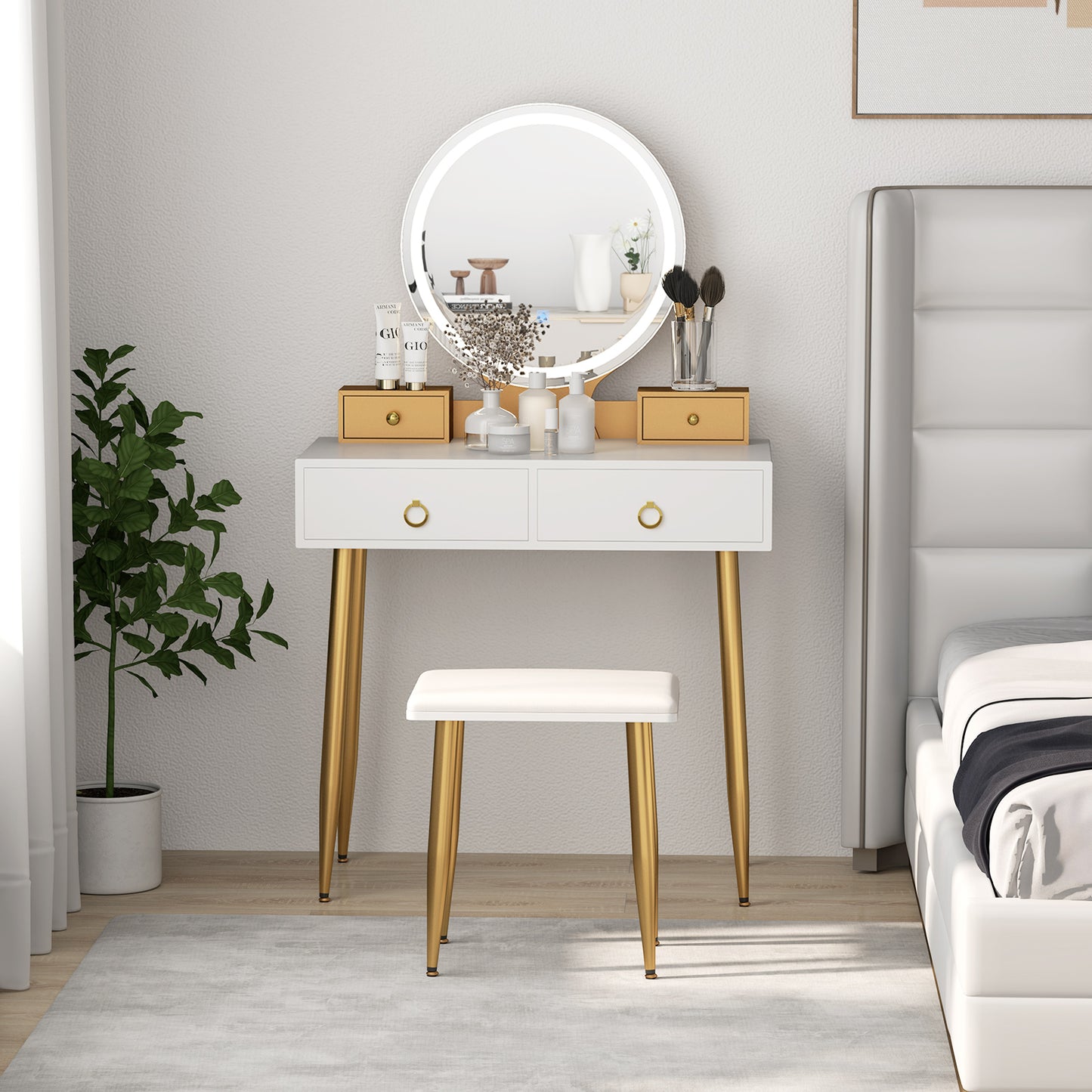 Modern Vanity Table Set with LED Mirror and Storage – White