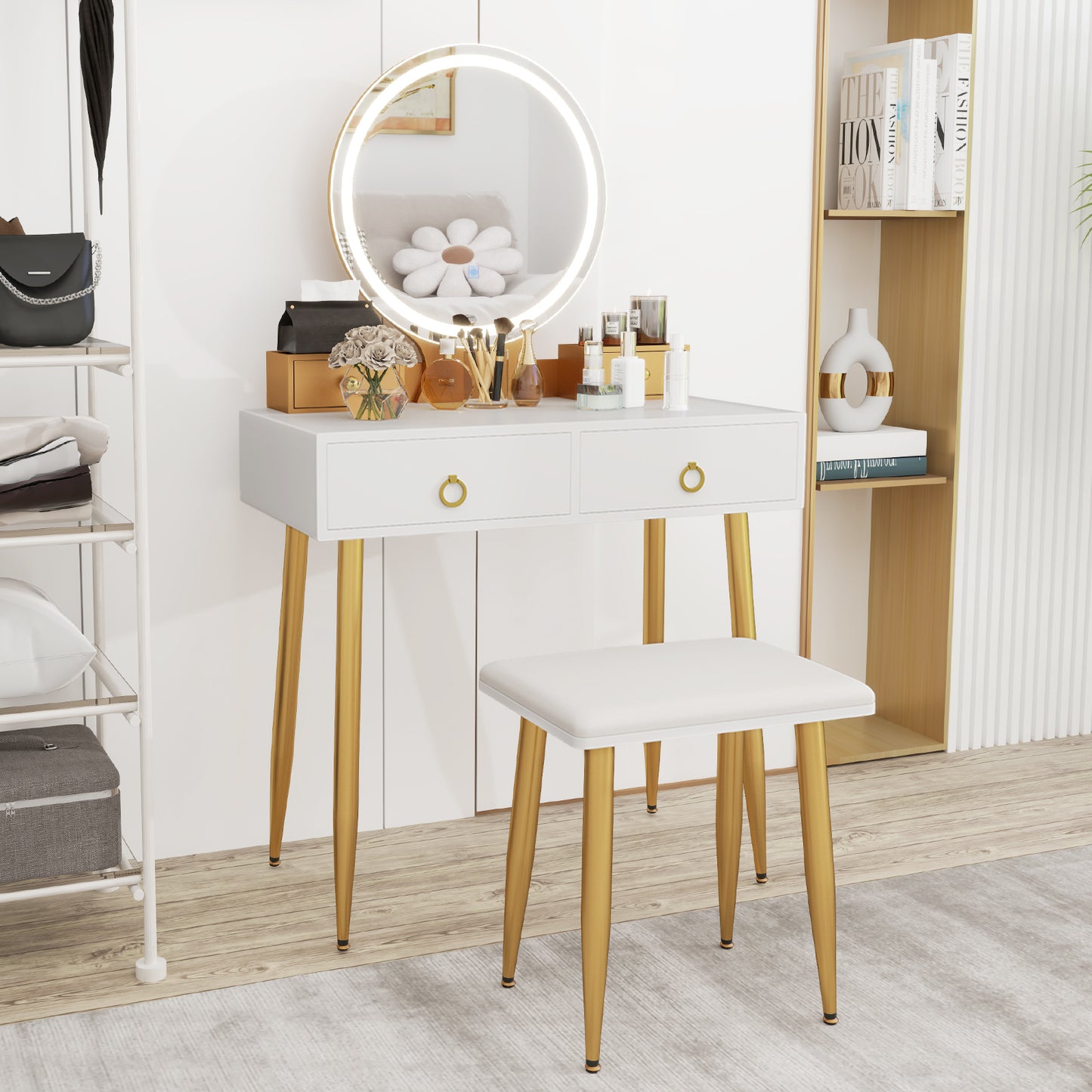 Modern Vanity Table Set with LED Mirror and Storage – White