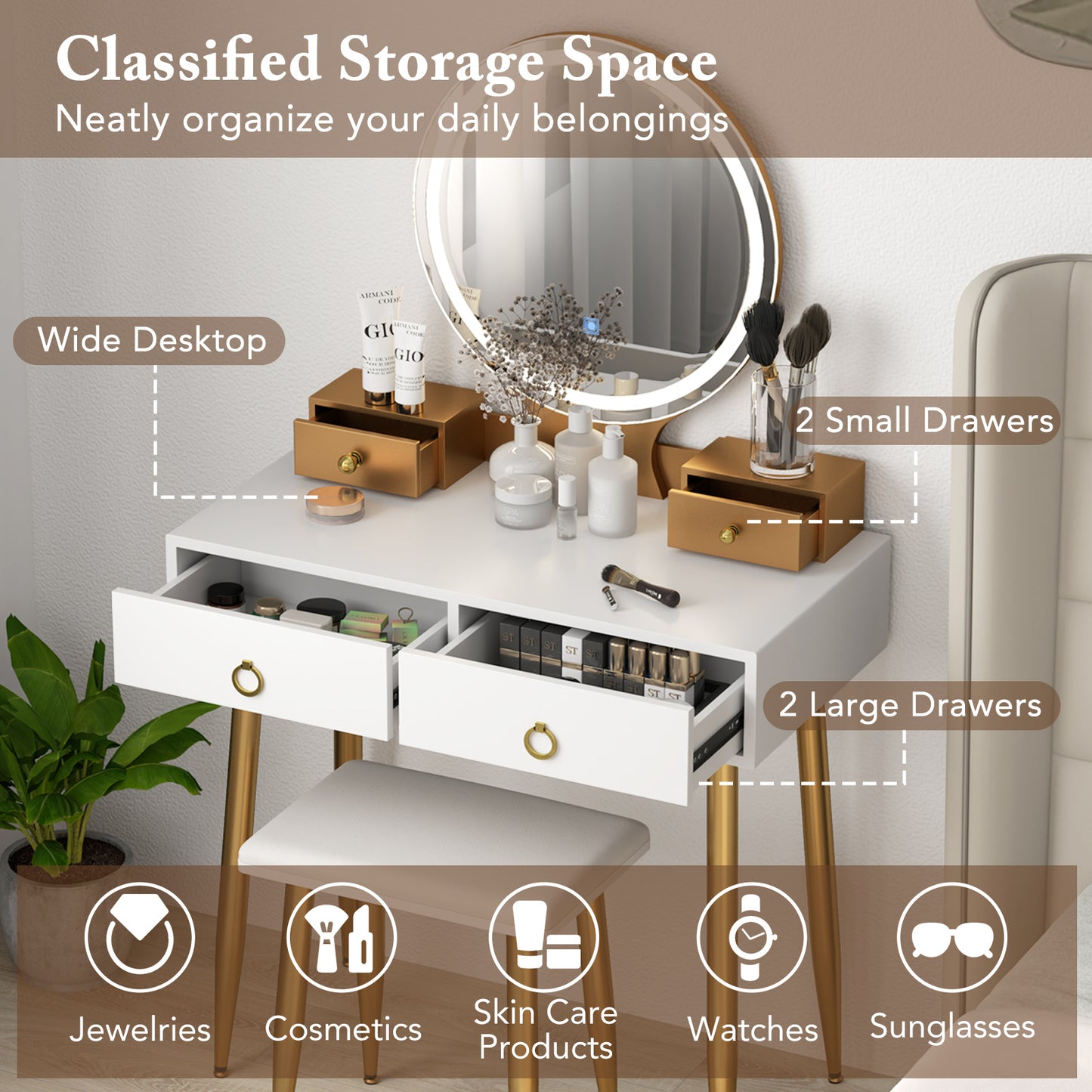 Modern Vanity Table Set with LED Mirror and Storage – White