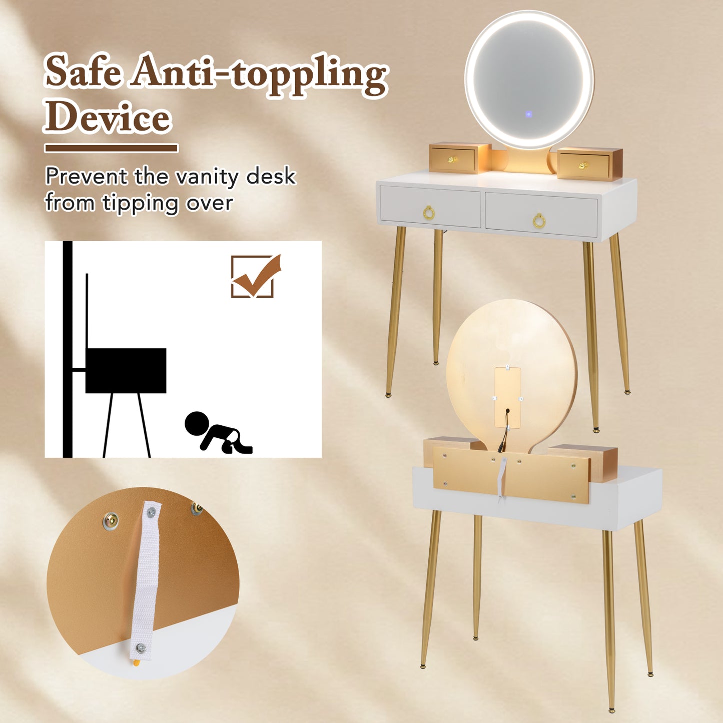 Modern Vanity Table Set with LED Mirror and Storage – White