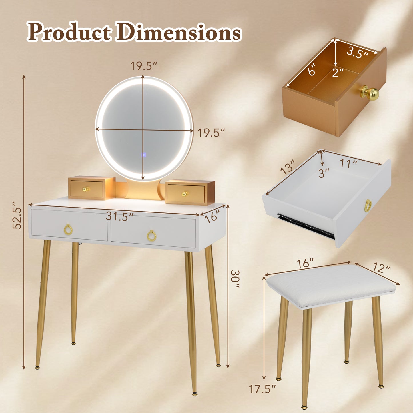 Modern Vanity Table Set with LED Mirror and Storage – White