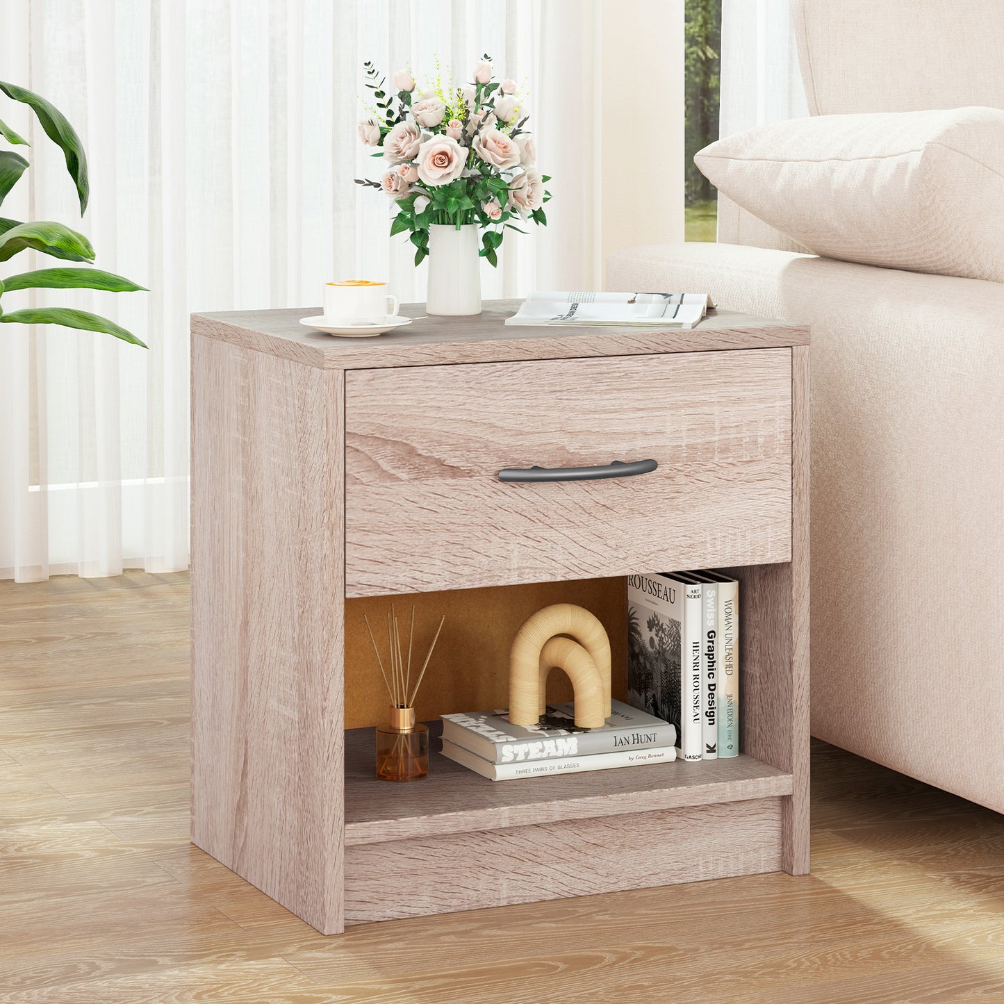 Nightstand with Drawer and Open Shelf for Bedroom or Living Room - Natural