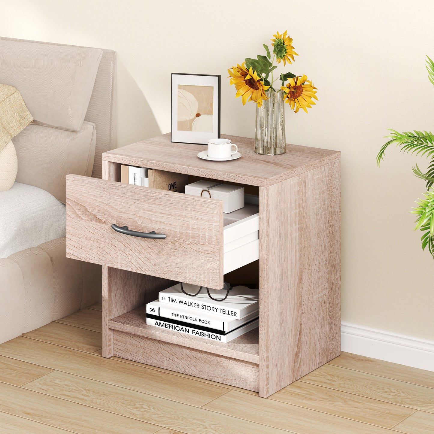 Nightstand with Drawer and Open Shelf for Bedroom or Living Room - Natural