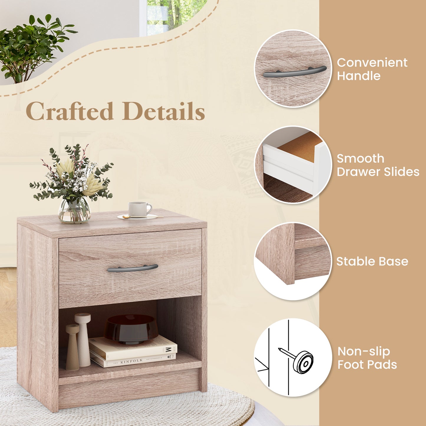 Nightstand with Drawer and Open Shelf for Bedroom or Living Room - Natural