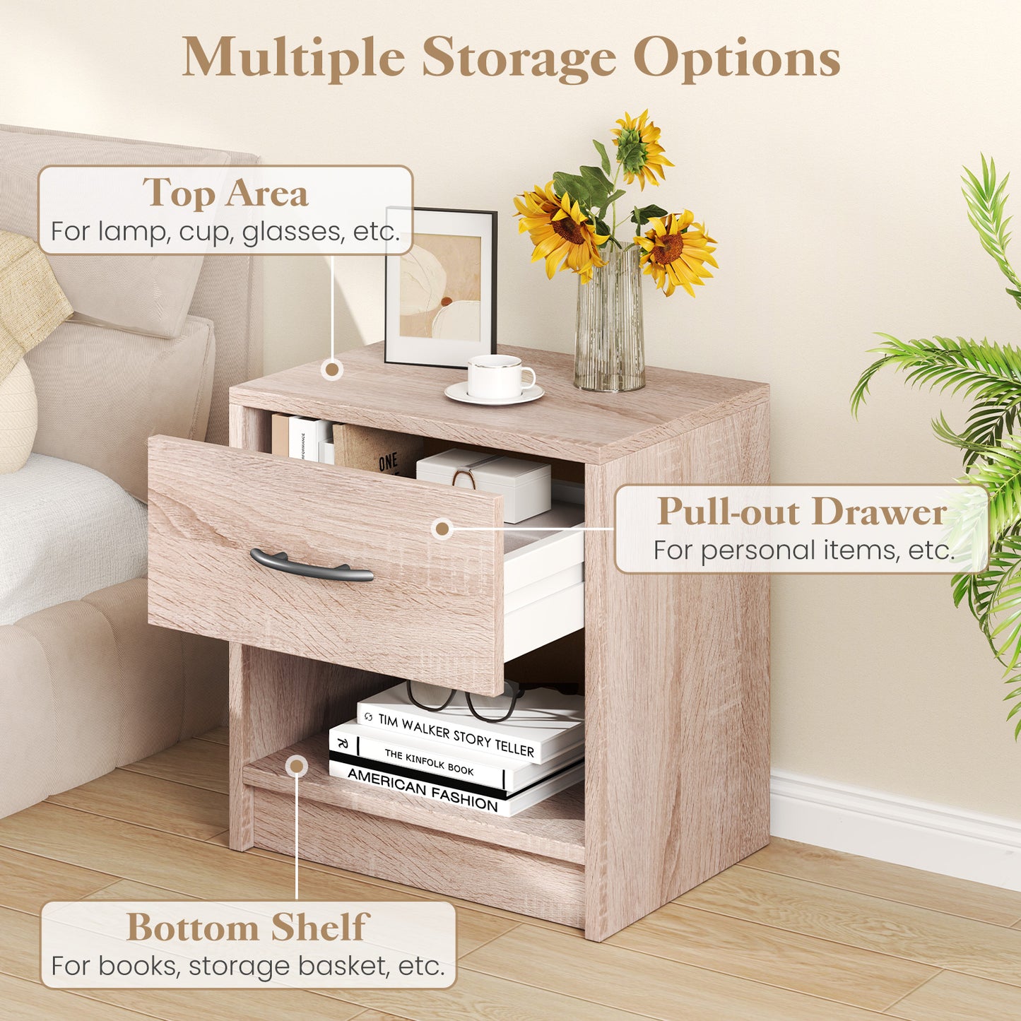 Nightstand with Drawer and Open Shelf for Bedroom or Living Room - Natural