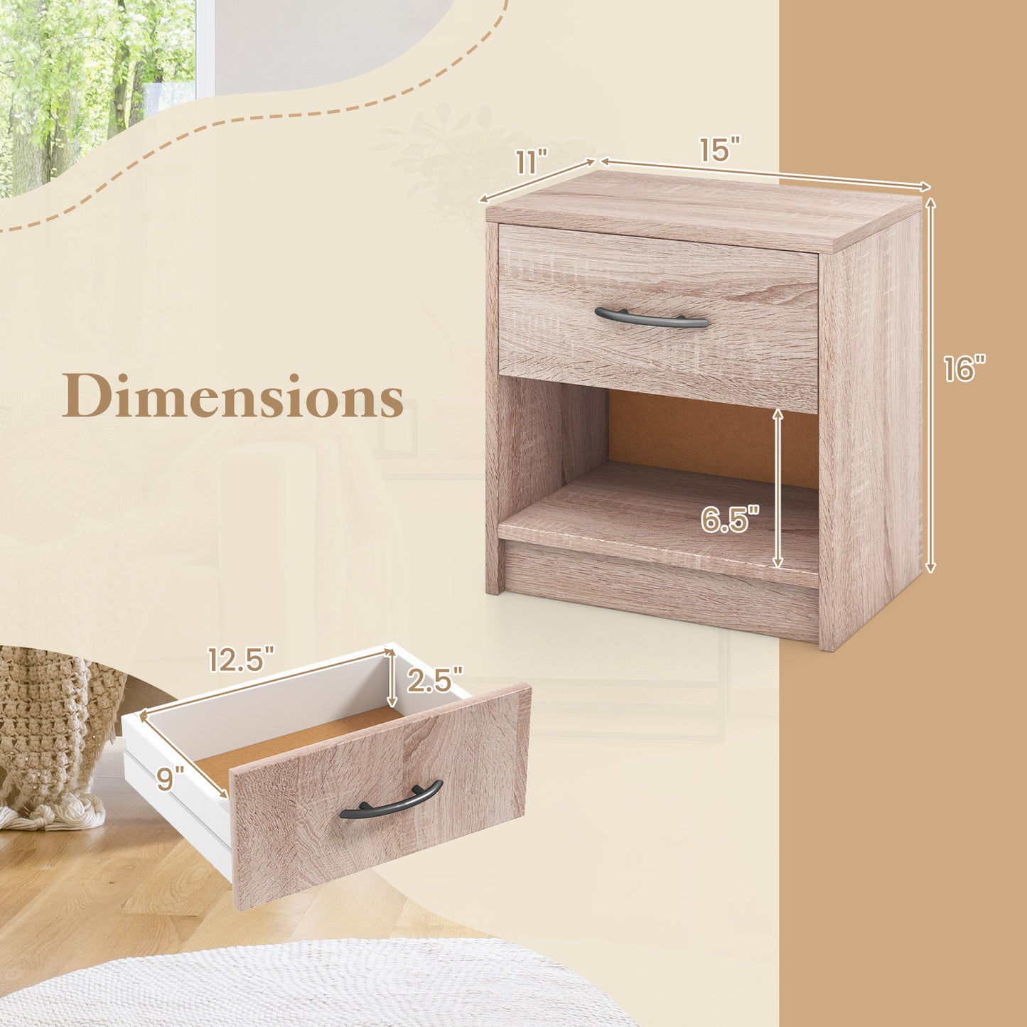 Nightstand with Drawer and Open Shelf for Bedroom or Living Room - Natural