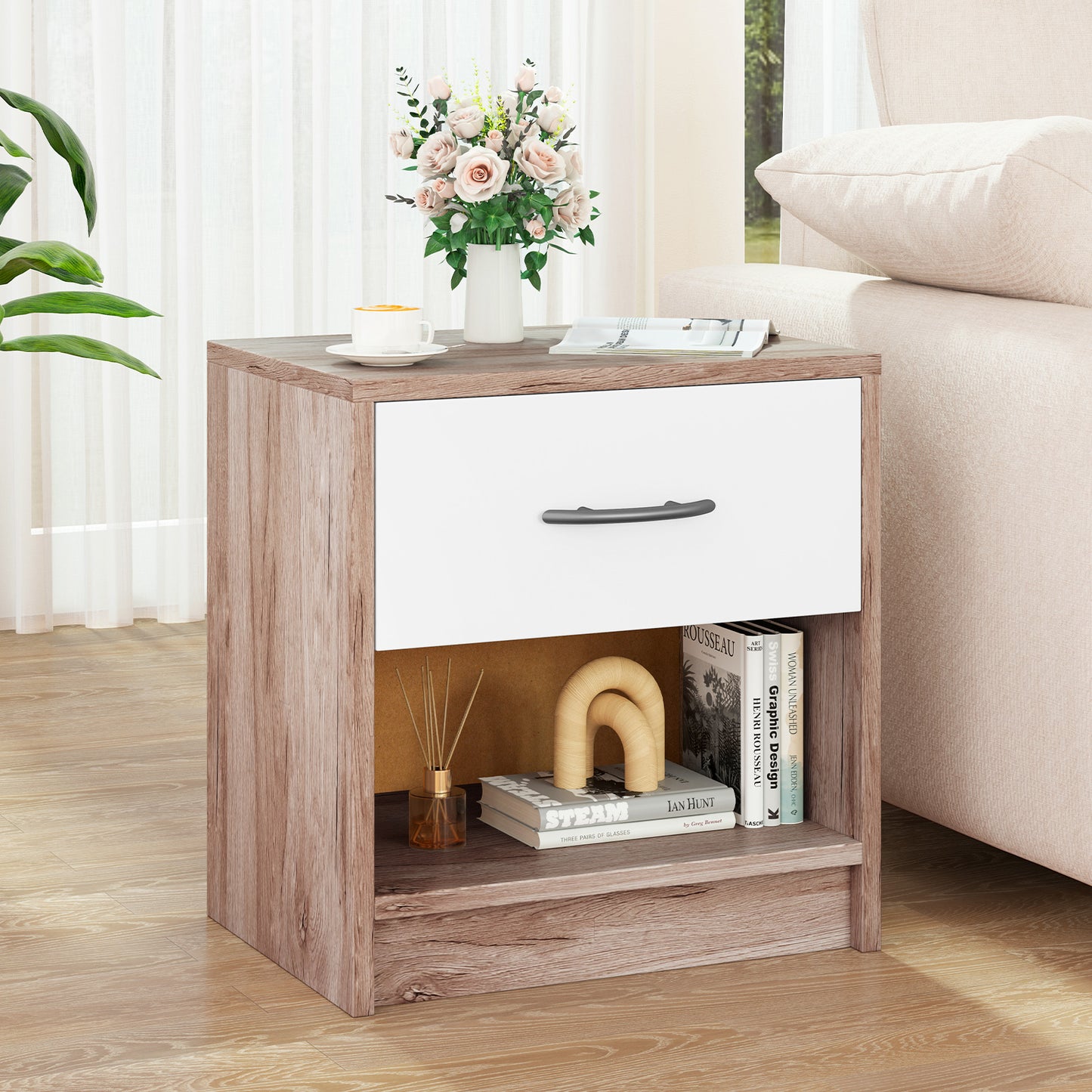 Nightstand with Drawer and Open Shelf for Bedroom or Living Room - Oak