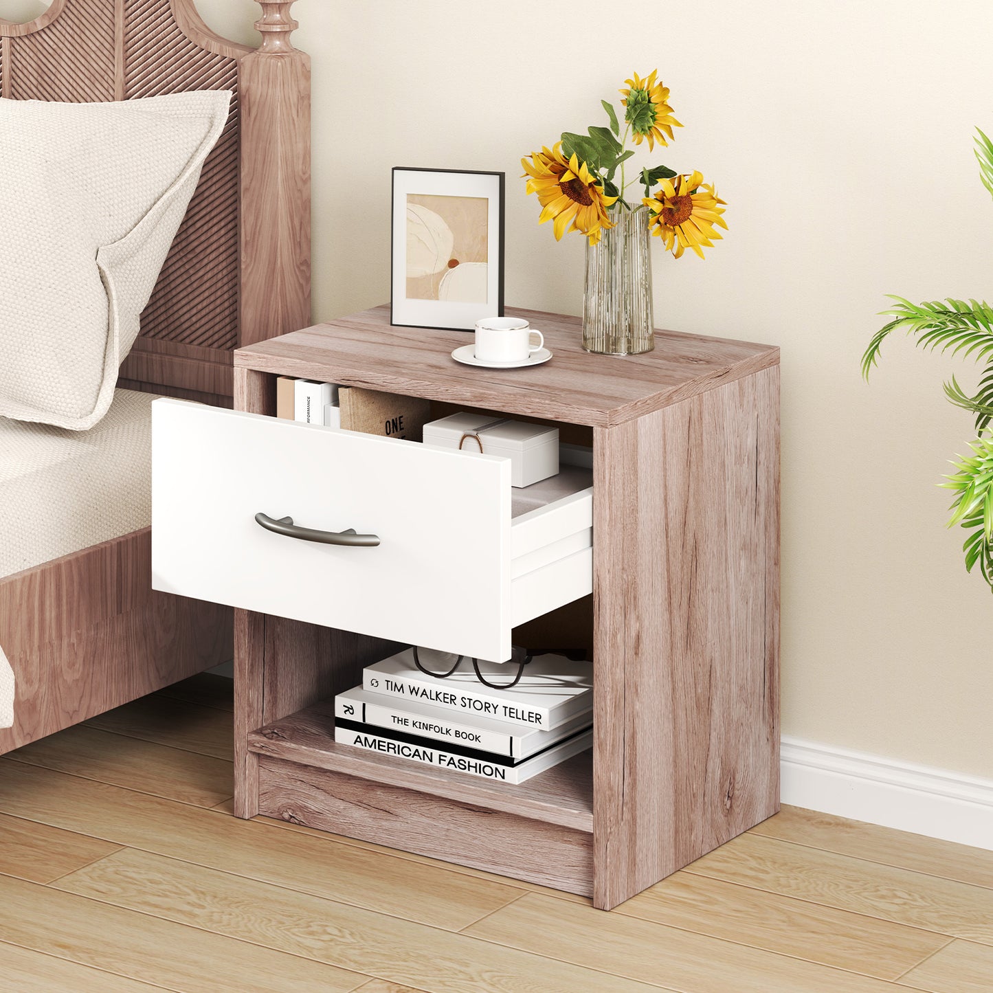 Nightstand with Drawer and Open Shelf for Bedroom or Living Room - Oak