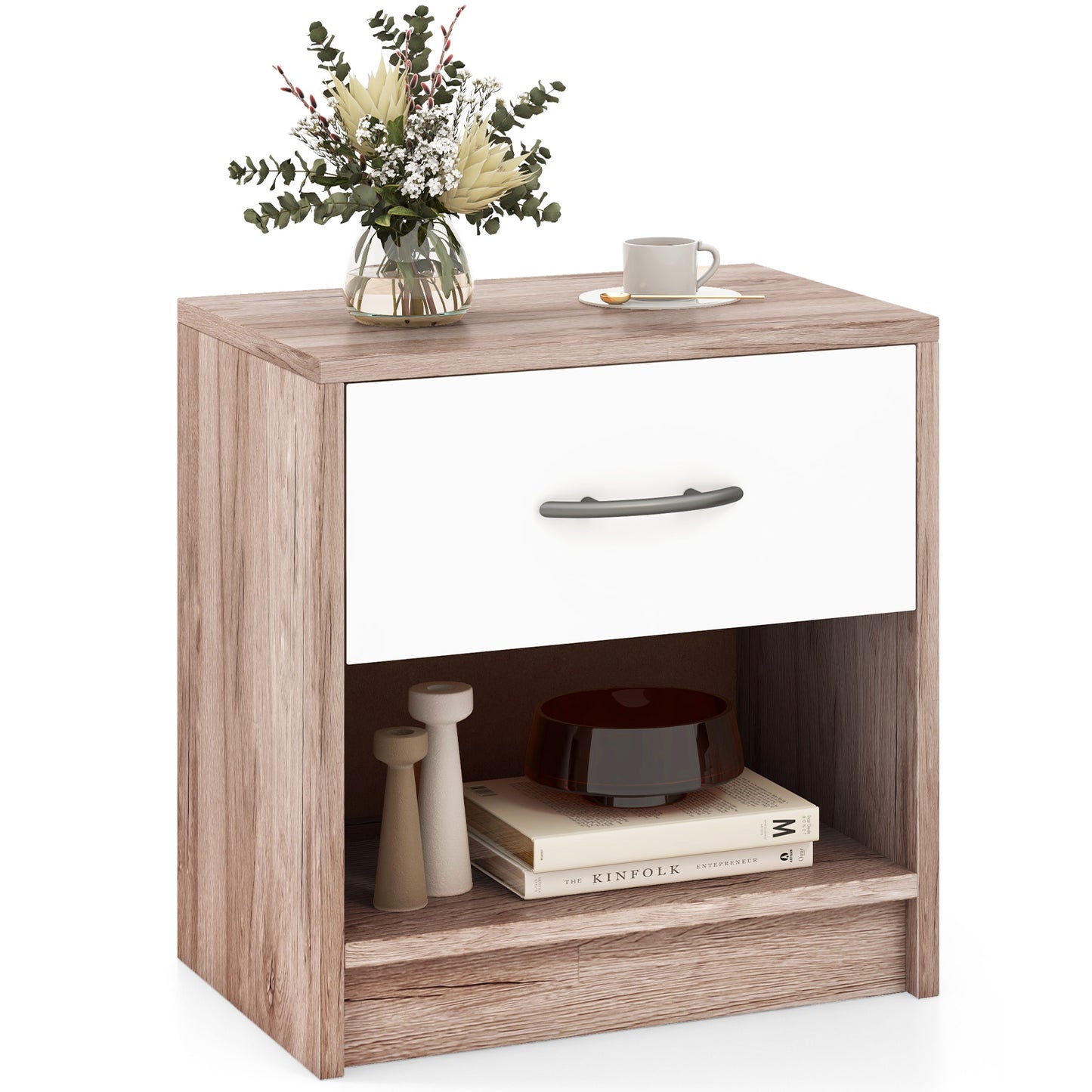 Nightstand with Drawer and Open Shelf for Bedroom or Living Room - Oak