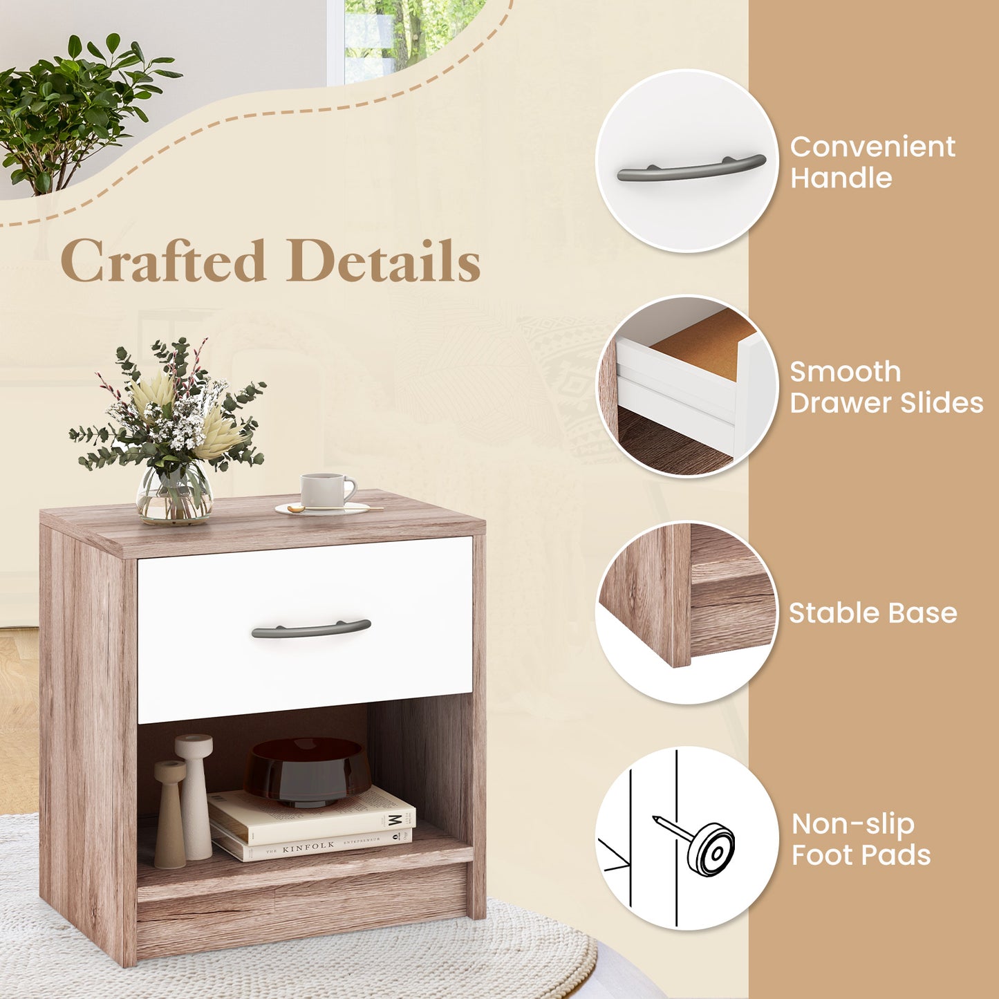 Nightstand with Drawer and Open Shelf for Bedroom or Living Room - Oak