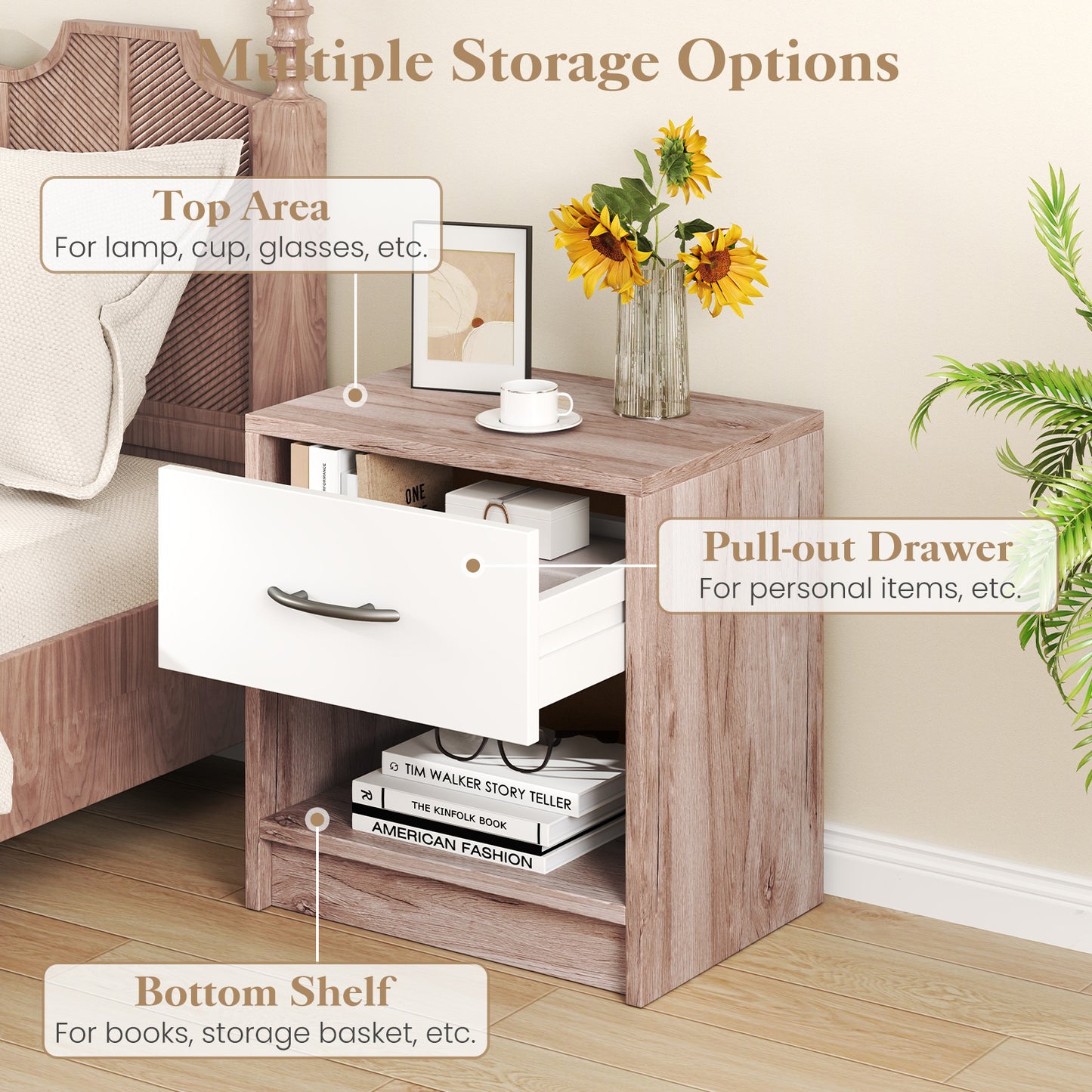 Nightstand with Drawer and Open Shelf for Bedroom or Living Room - Oak